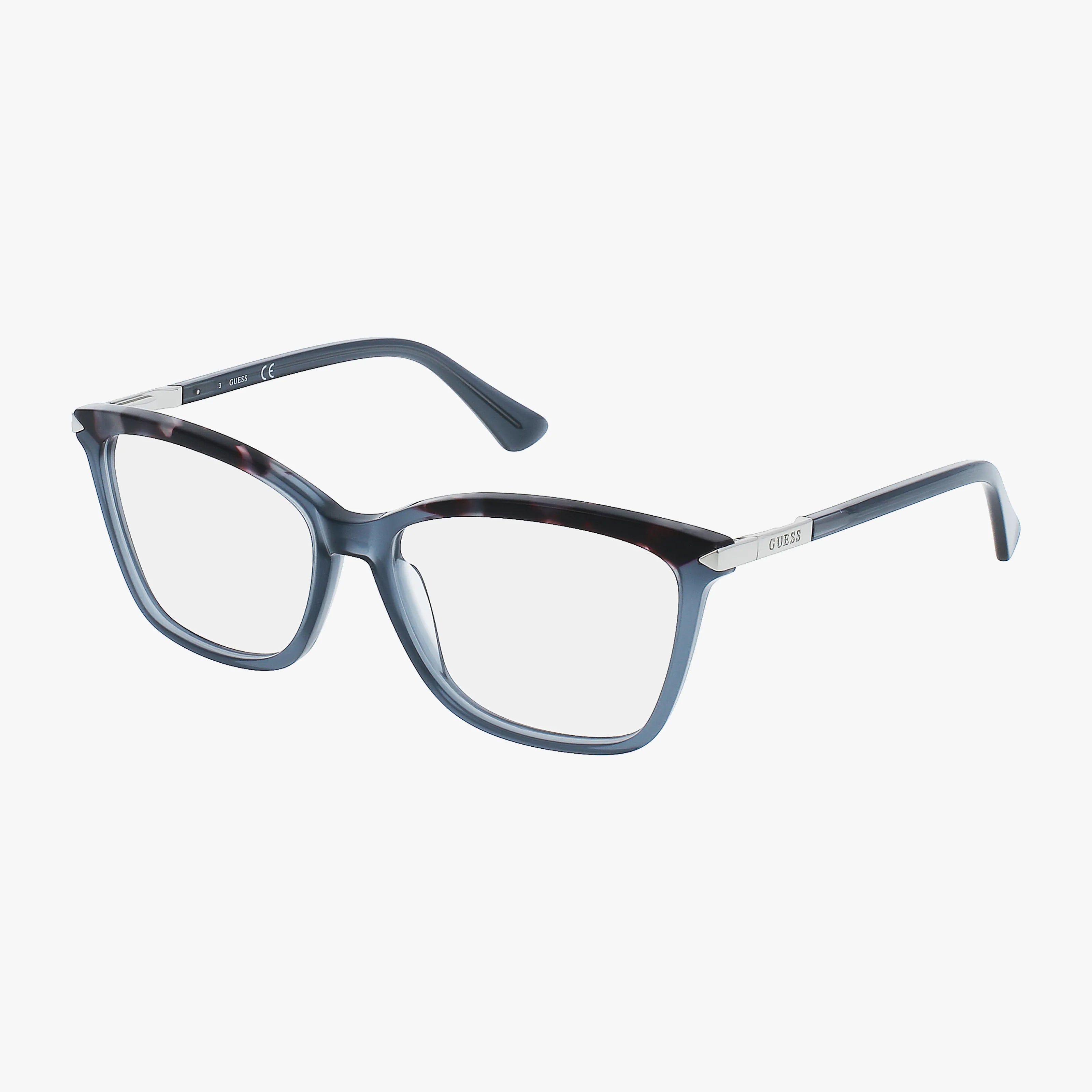 The GU2880 features blue rectangular eyeglass frames with clear lenses and slim silver arms, showcased on a white background—ideal for those who appreciate views through windows or enjoy natural light.