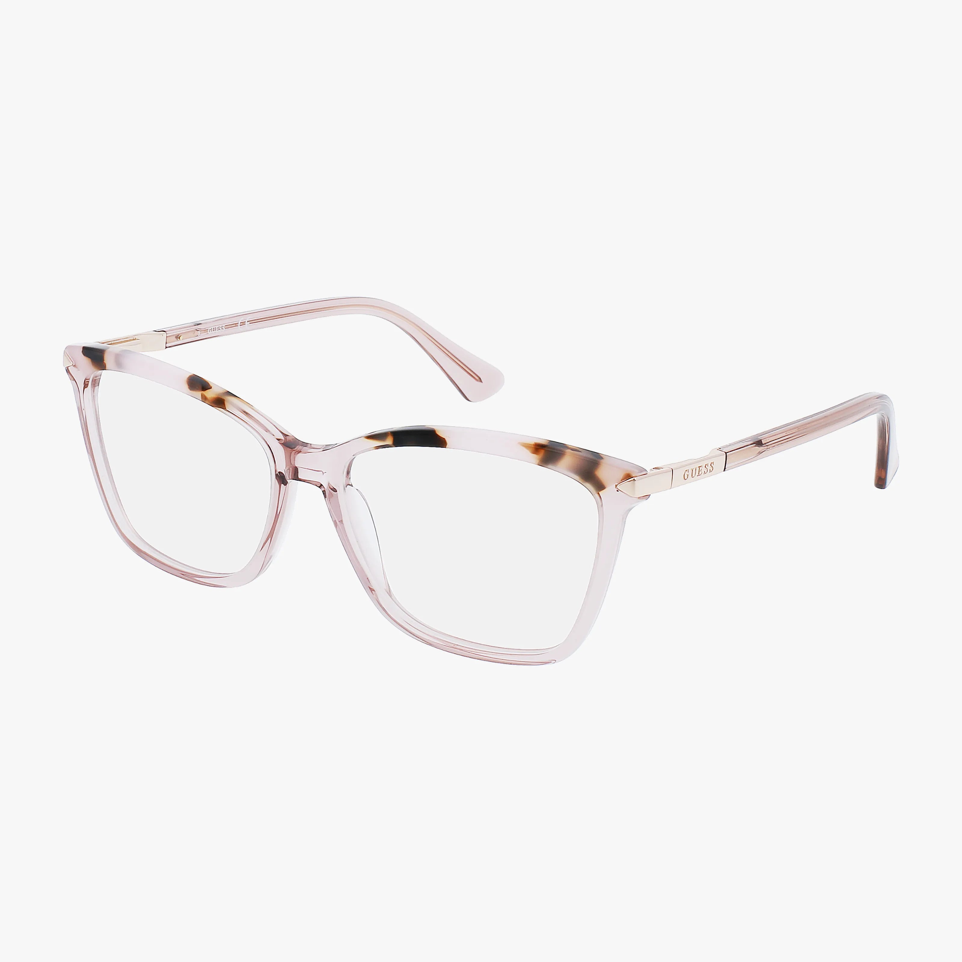 The GU2880 features a stylish, transparent pink square frame with subtle brown tortoiseshell accents on the upper rims, perfect for those who love to see the light—shown against a white background.