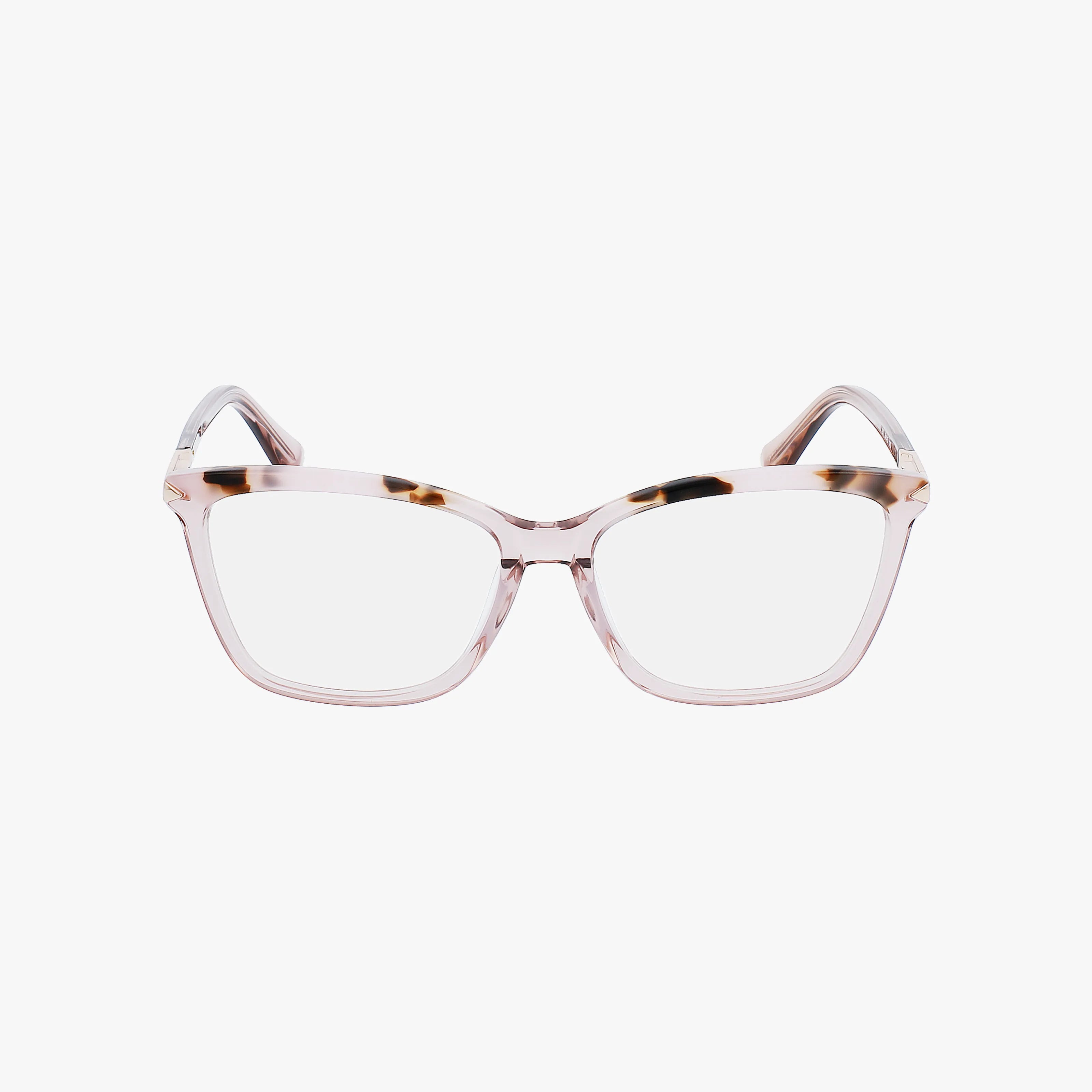 GU2880 eyeglasses feature oversized, square frames in translucent pink with tortoiseshell accents on the upper corners and clear lenses—ideal for those who love a bold look, shown on a white background.