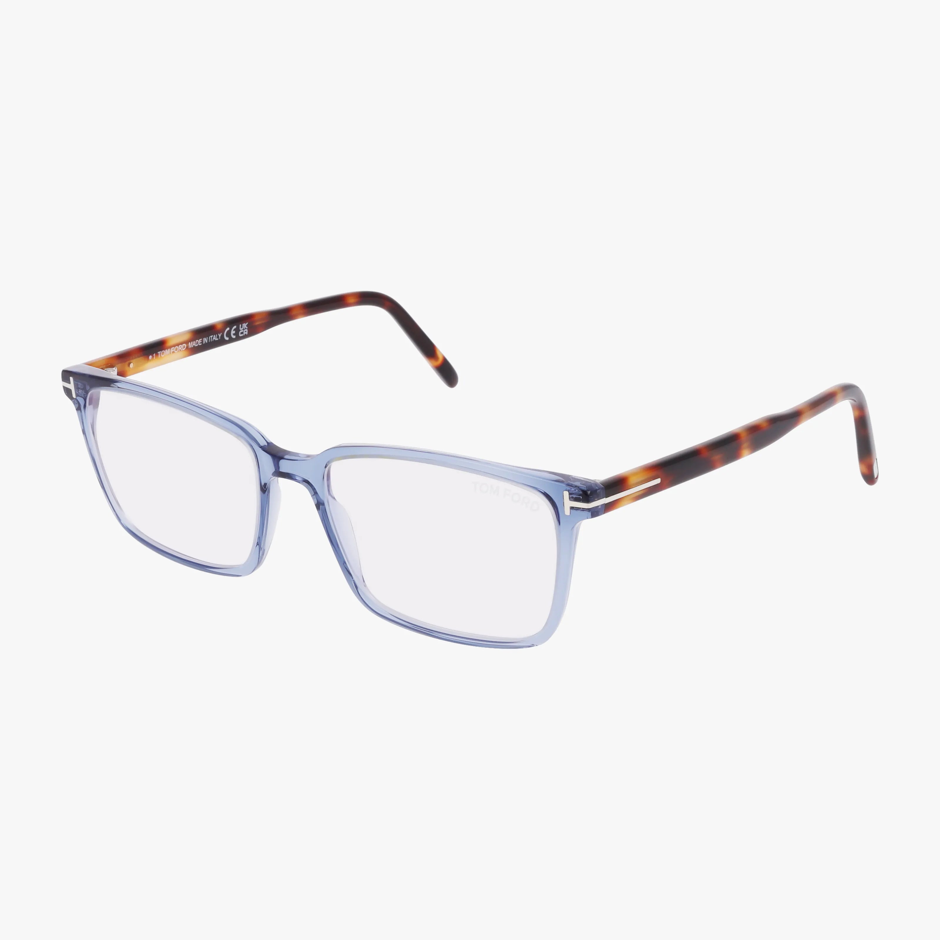The FT5802B eyeglasses feature a modern rectangular frame with transparent blue fronts and brown tortoiseshell-patterned arms, offering stylish and durable eyewear displayed on a white background.