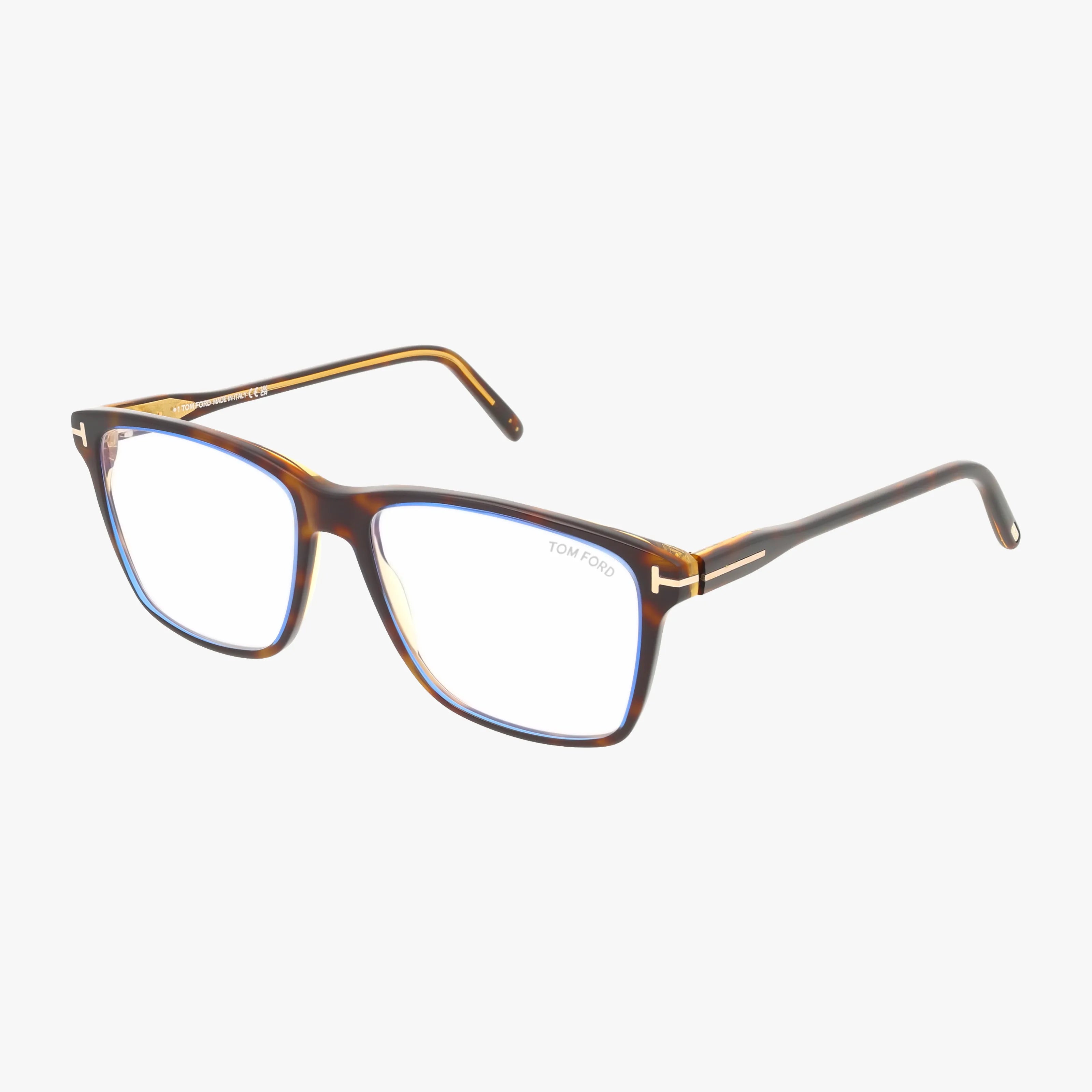 The FT5817-B eyeglass frames feature a rectangular tortoiseshell design with thin lines and subtle gold accents on the temples, shown against a white background.