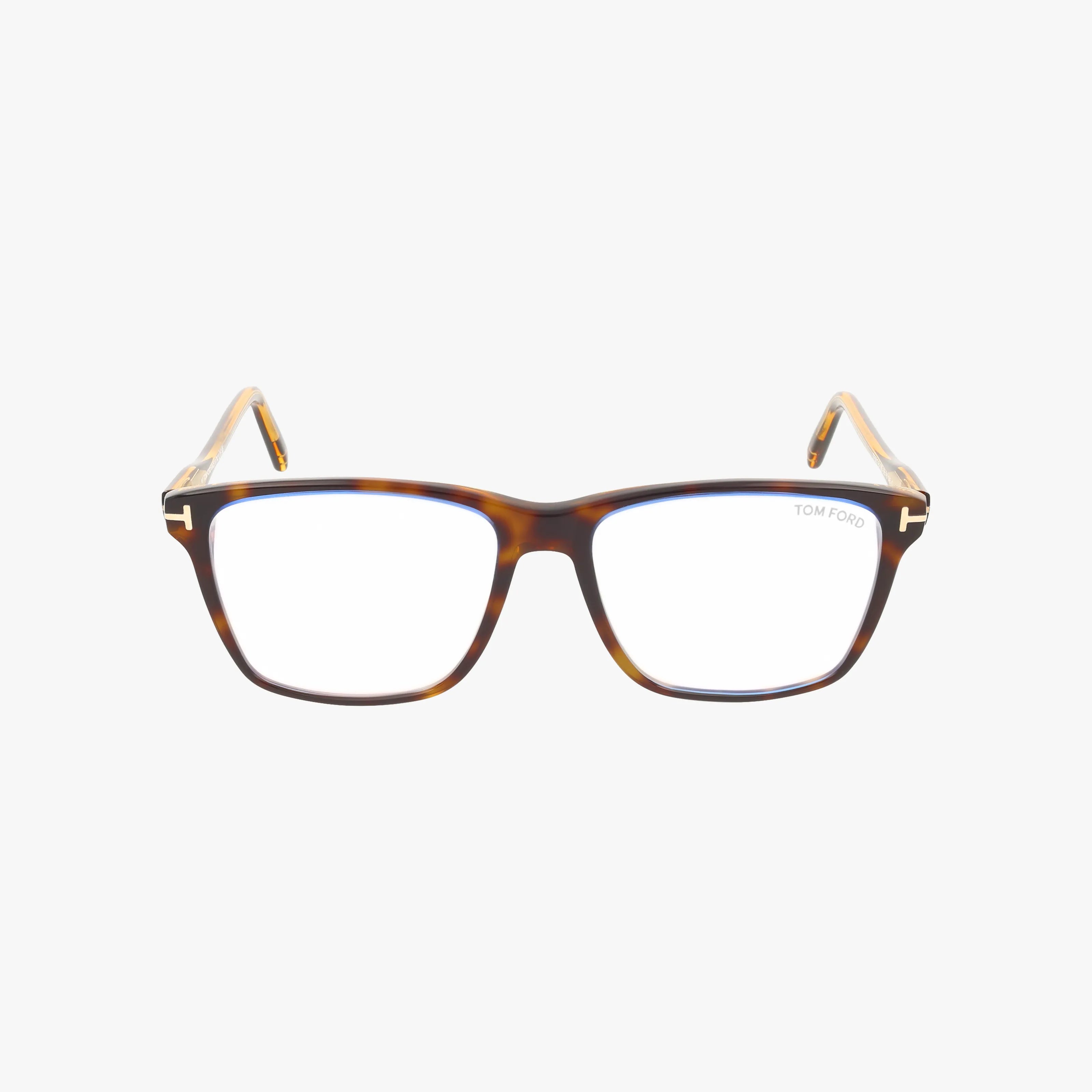 The FT5817-B eyeglasses feature a brown tortoiseshell rectangular frame with clear lenses and gold-accented temples, displayed against a plain white background for an elegant, sophisticated look.