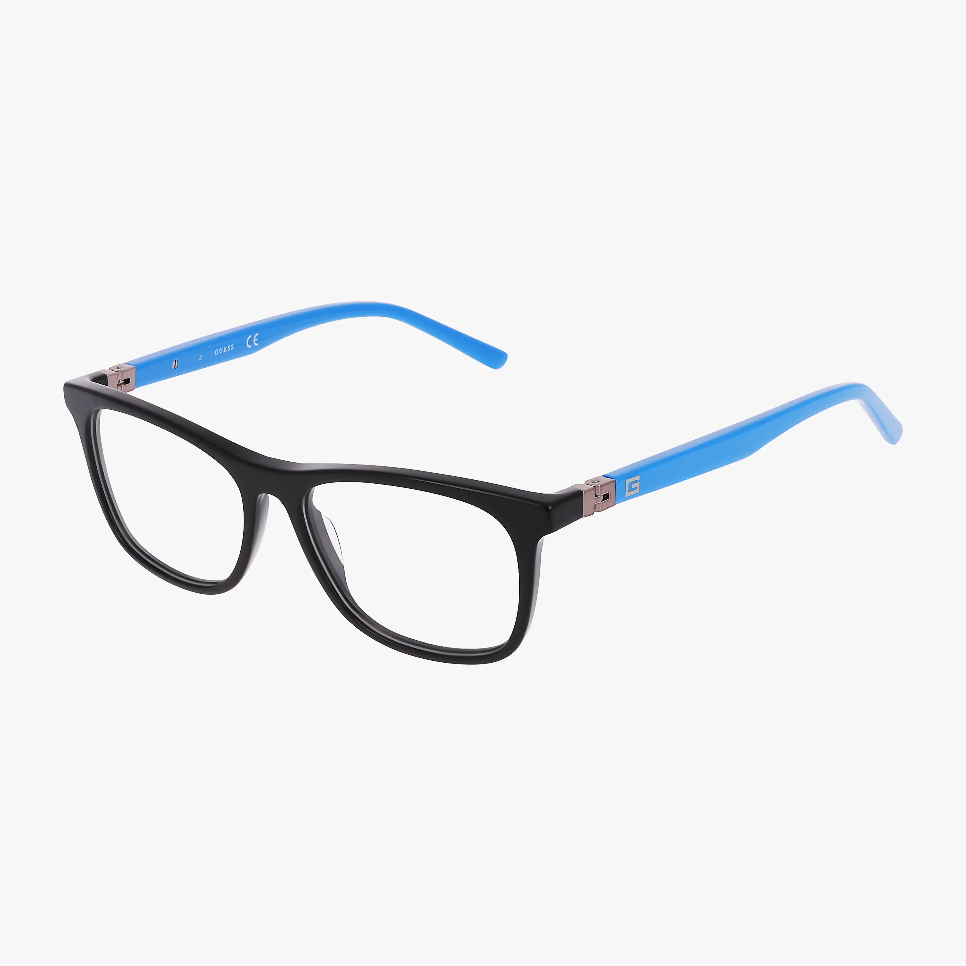 The 9228 features black rectangular eyeglass frames with bold blue arms for a standout, head-of-the-class style against a crisp white background.