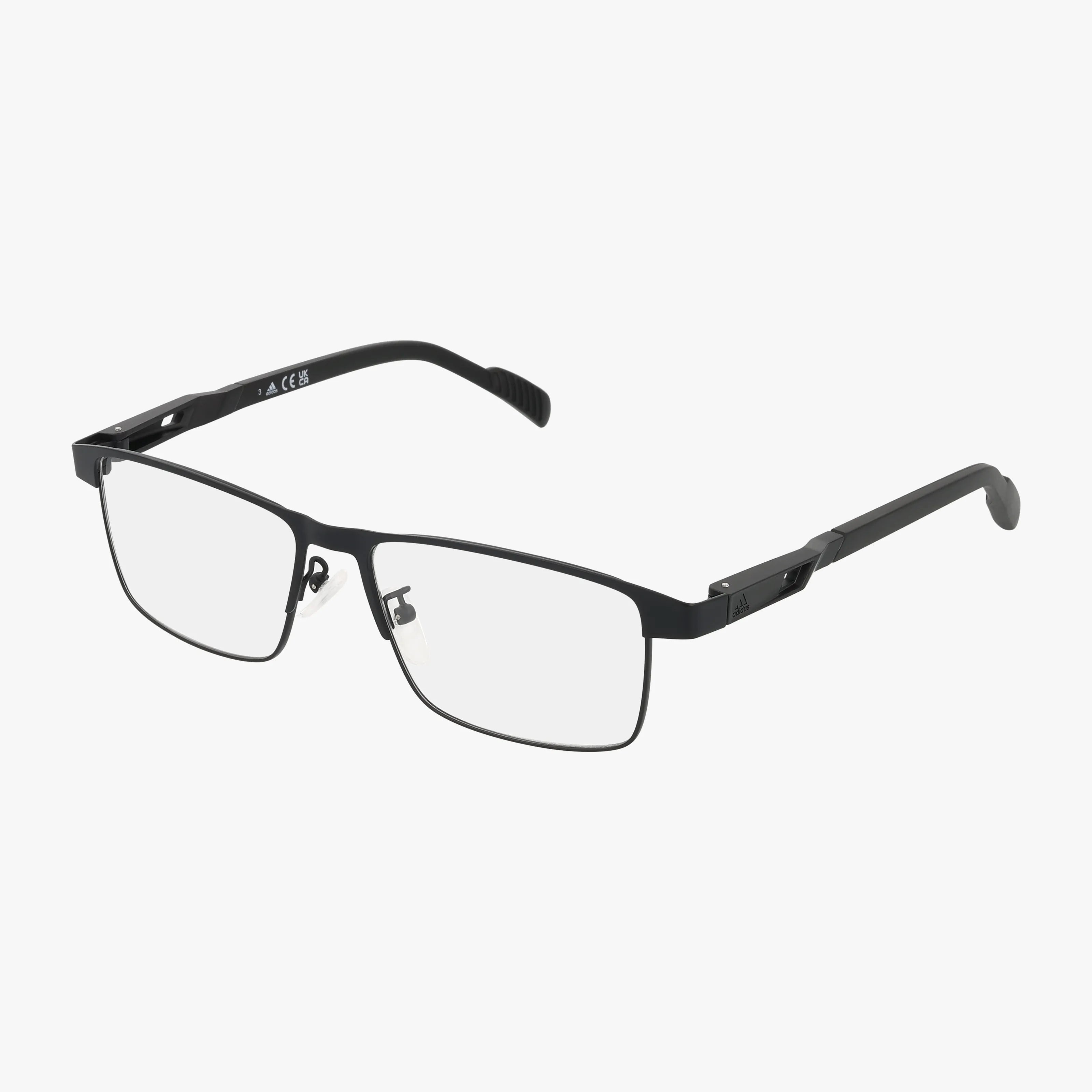 SP5023 rectangular black metal eyeglass frames with clear prescription lenses feature adjustable nose pads and subtly curved temple arms—a striking choice, showcased against a plain white background.