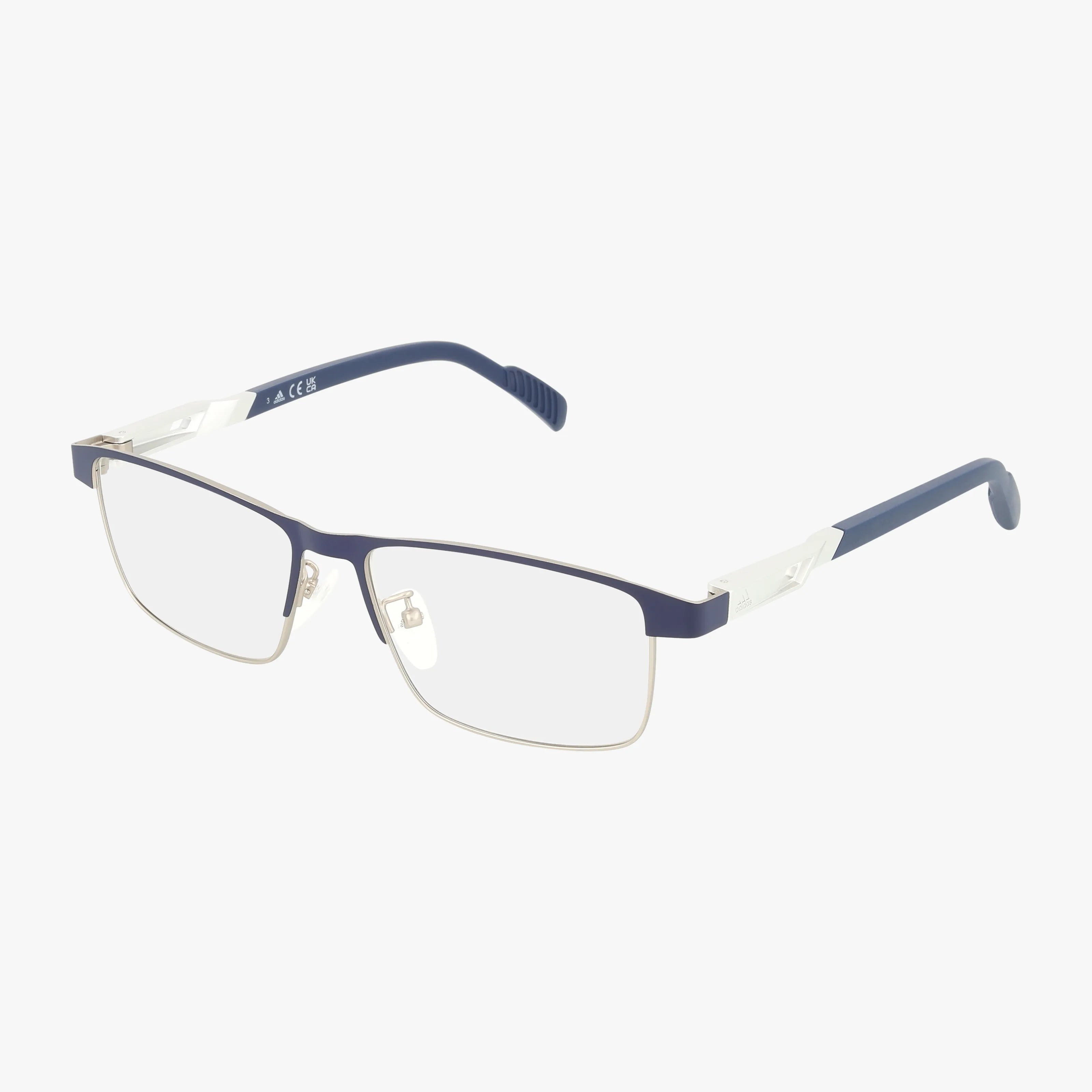 SP5023 rectangular eyeglasses feature thin silver metal rims and blue arms with silver accents near the hinges, shown on a white background. Prescription lenses are available for customized vision.