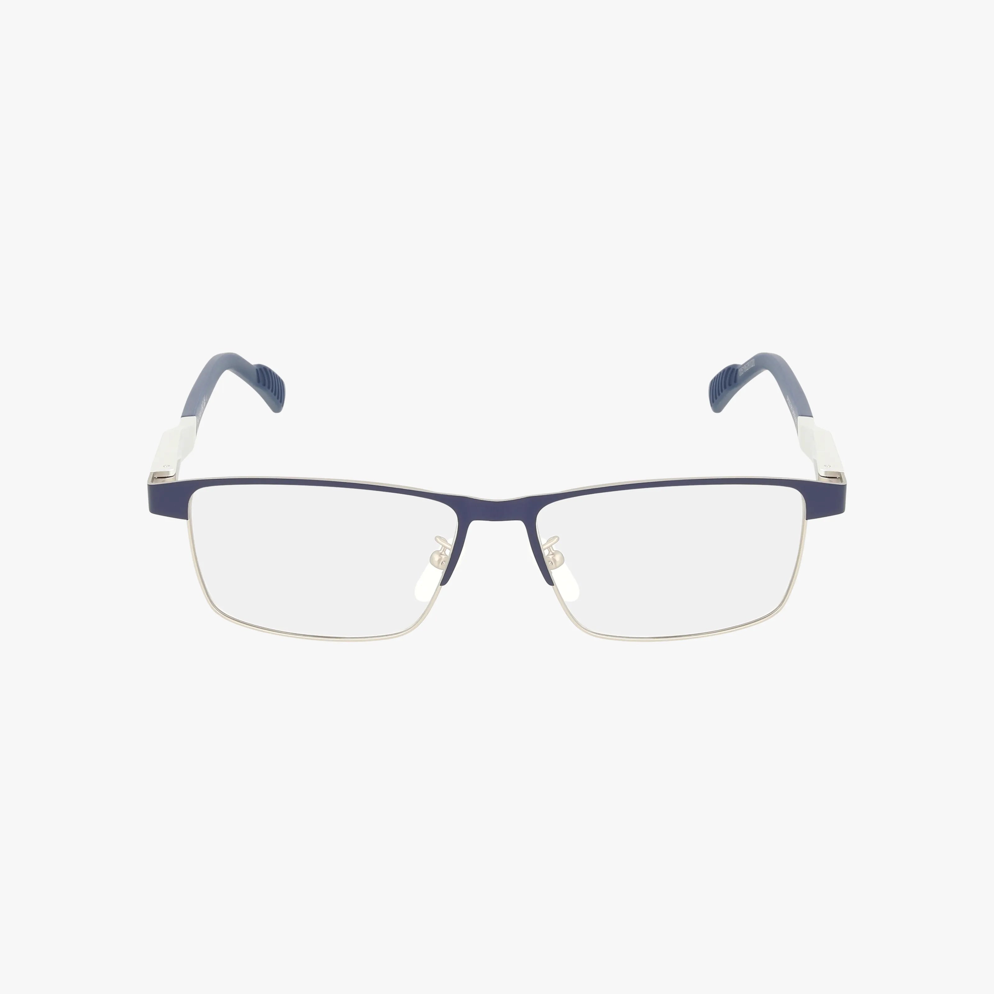 The SP5023 rectangular eyeglasses feature thin dark blue upper frames, silver lower rims, clear prescription lenses, adjustable nose pads, and blue temples with silver hinges and dark blue tips, shown on a plain white background.