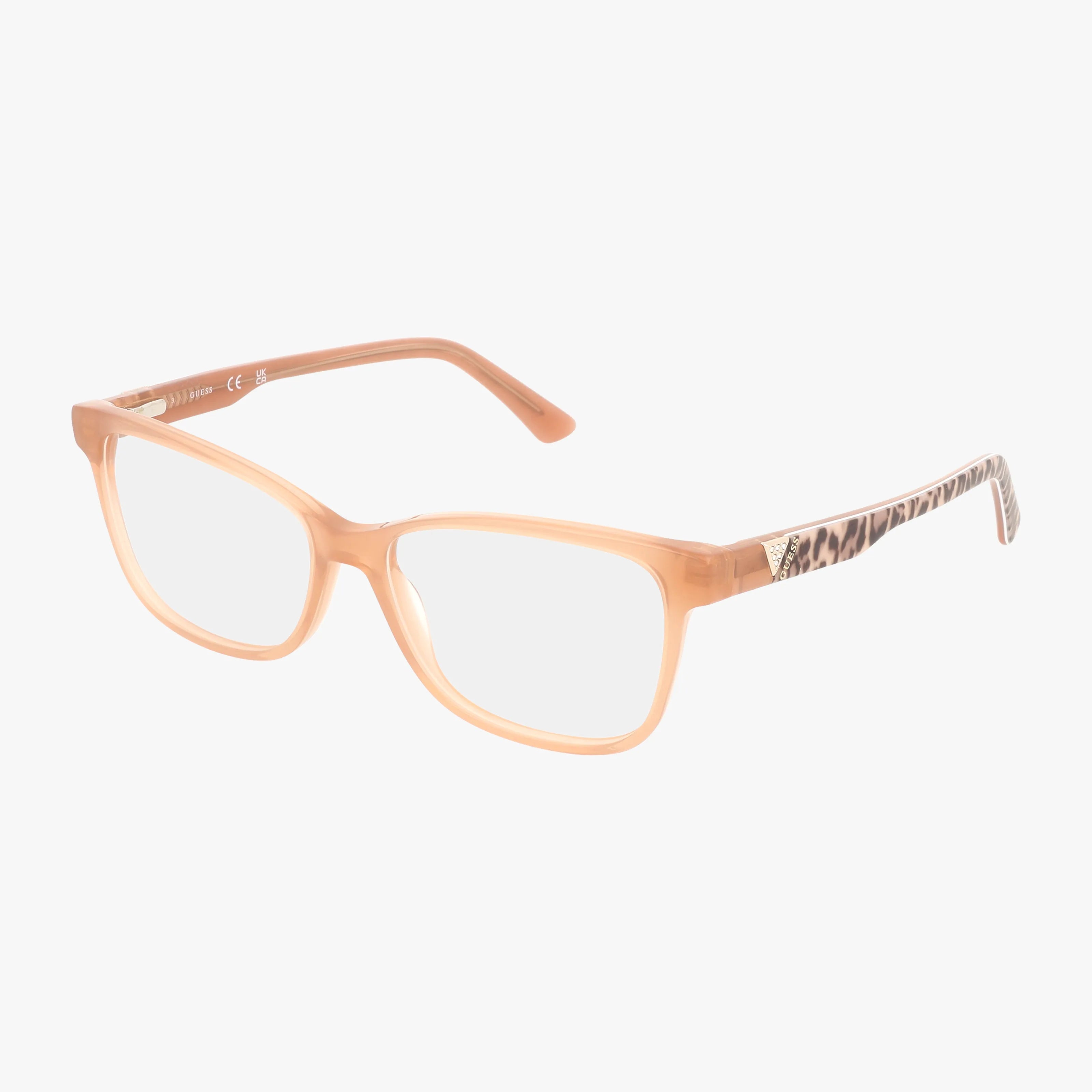 The GU2943 eyeglasses feature a peach-colored refined frame with rectangular, translucent lenses and leopard print accents near the hinges, offering durable style against a white background.