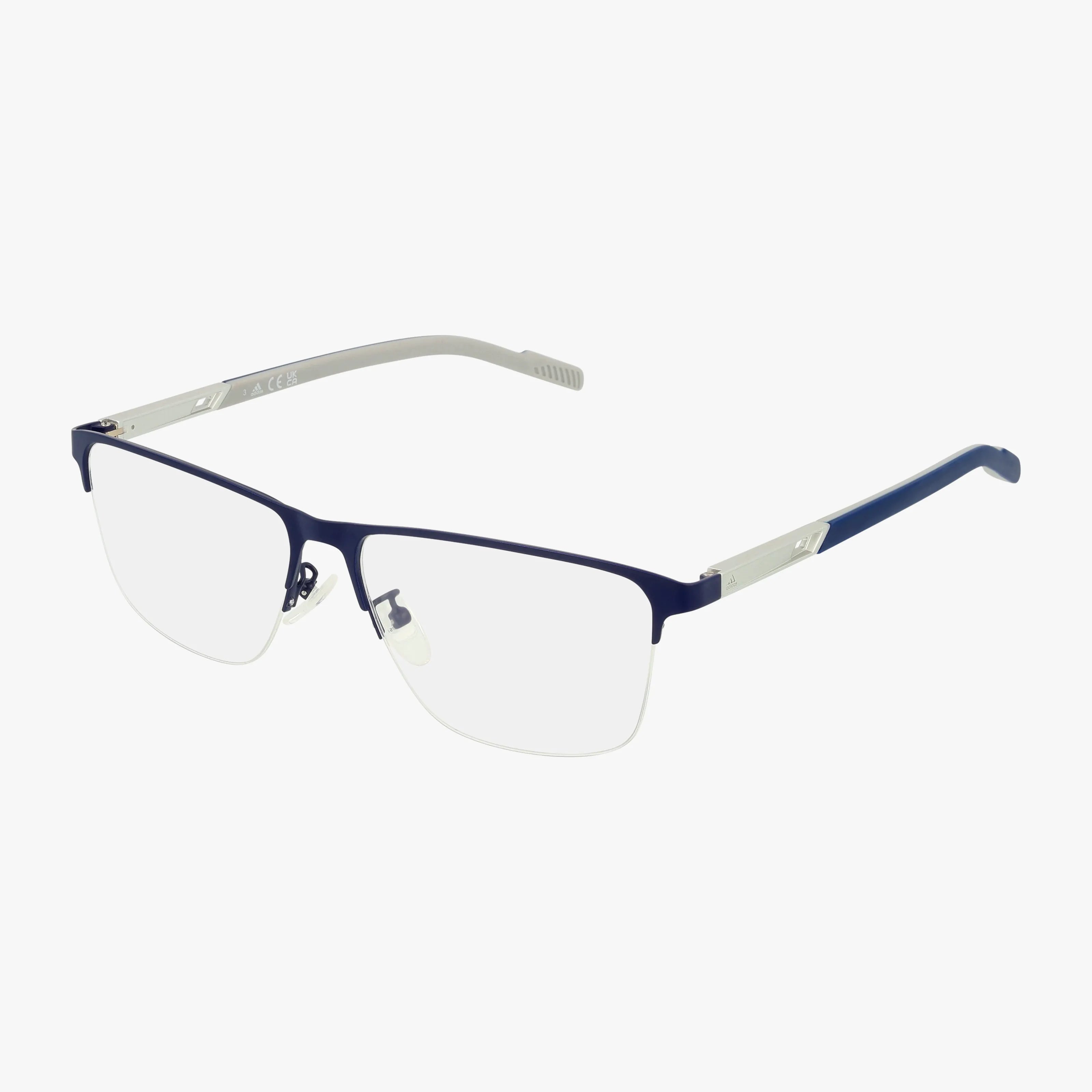 The SP5048 eyeglasses feature a semi-rimless design with a sleek blue upper frame, clear lenses, and slim silver metal temples accented with subtle hinge detailing for a versatile look.