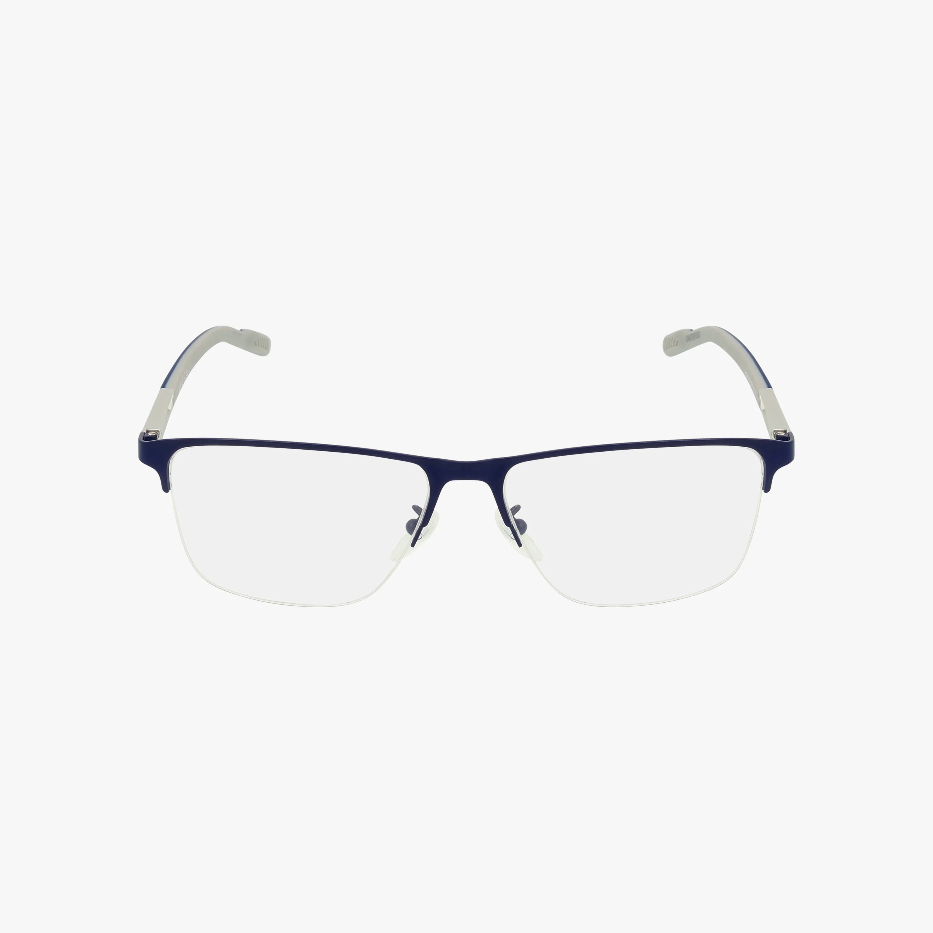 The SP5048 is a pair of rectangular eyeglasses featuring a sleek, lightweight dark blue metal frame, clear lenses, and white temple tips, shown on a plain white background.