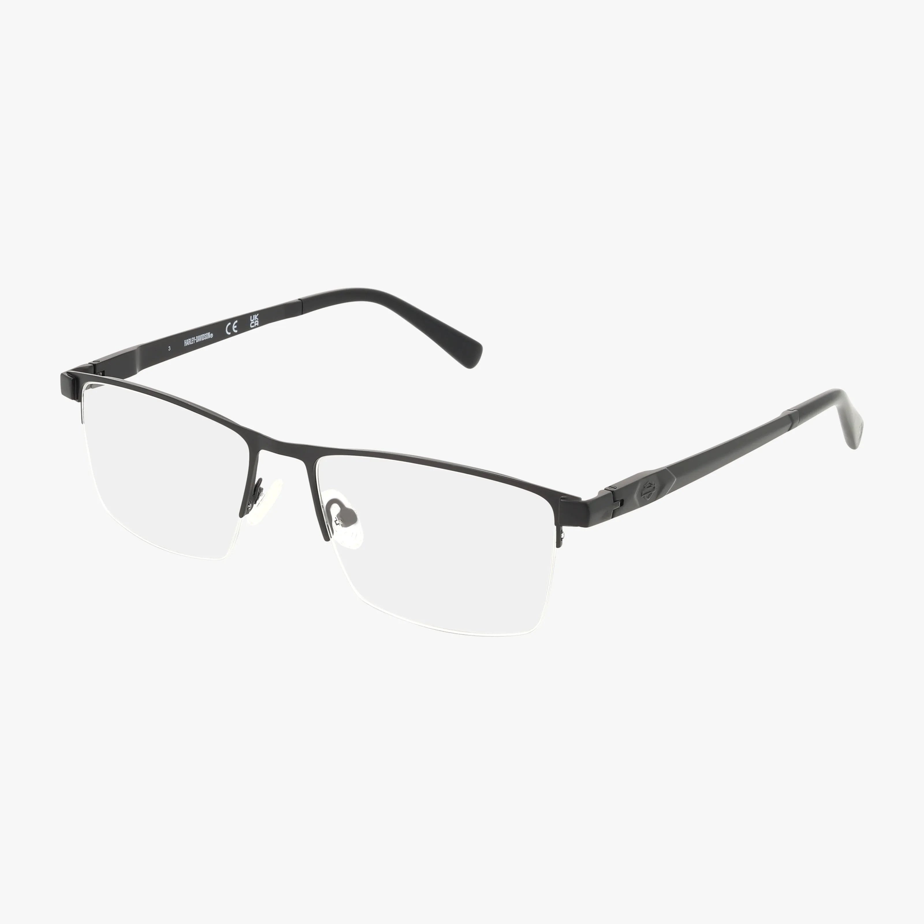 The HD0787 eyeglasses are sleek, black, and semi-rimless with rectangular lenses, clear nose pads, a durable frame, and thin arms—fashion-forward eyewear shown on a white background.