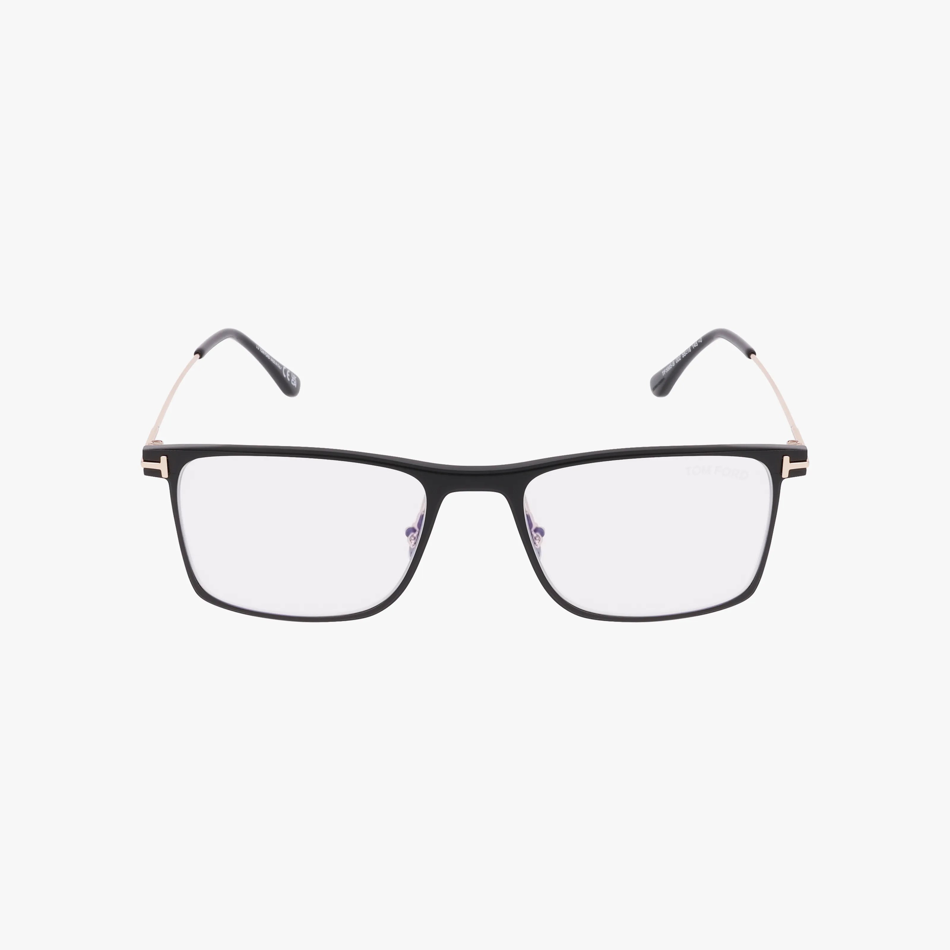 The FT5865-B features rectangular eyeglasses with a sleek black frame, clear lenses, thin gold arms, and a lightweight design, shown on a plain white background.