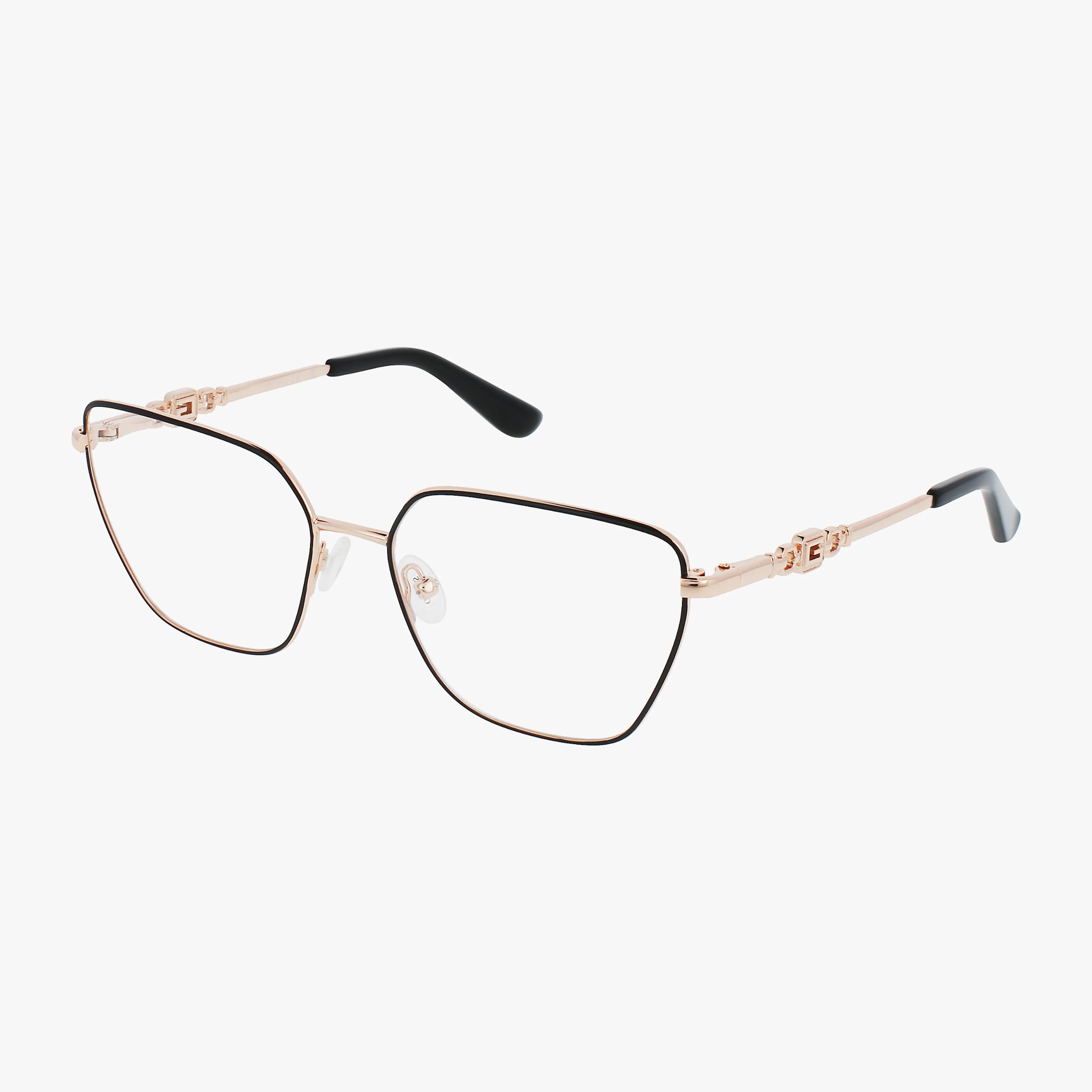 The GU2952 features gold metal eyeglasses with large geometric frames, black accents on the top rims, adjustable nose pads for a secure fit, and black temple tips. Perfect for Transitions lenses and shown on a white background.