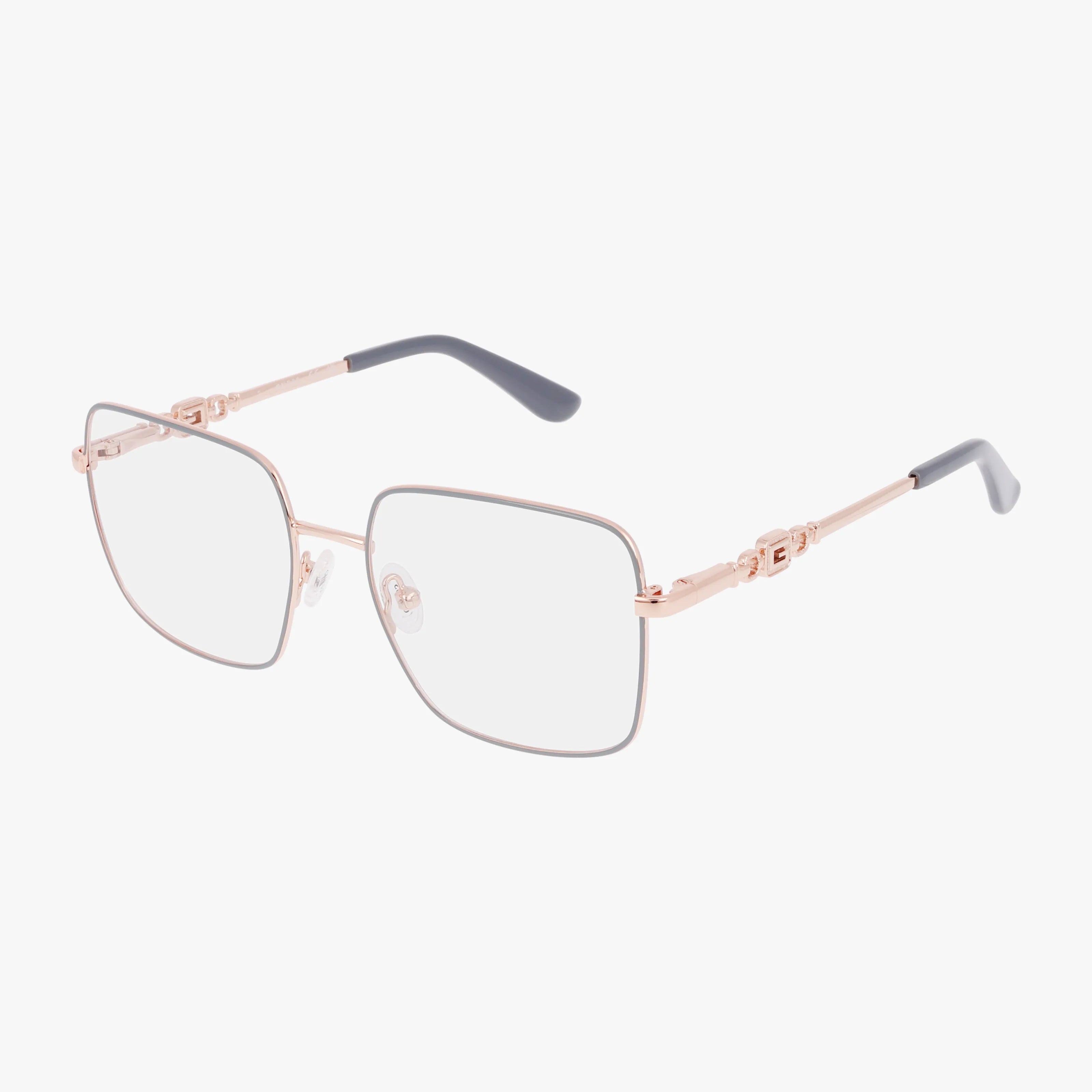 The GU2953 eyeglasses feature large square thin gold metal frames, clear lenses, and black-tipped temple arms, all showcased against a white background.