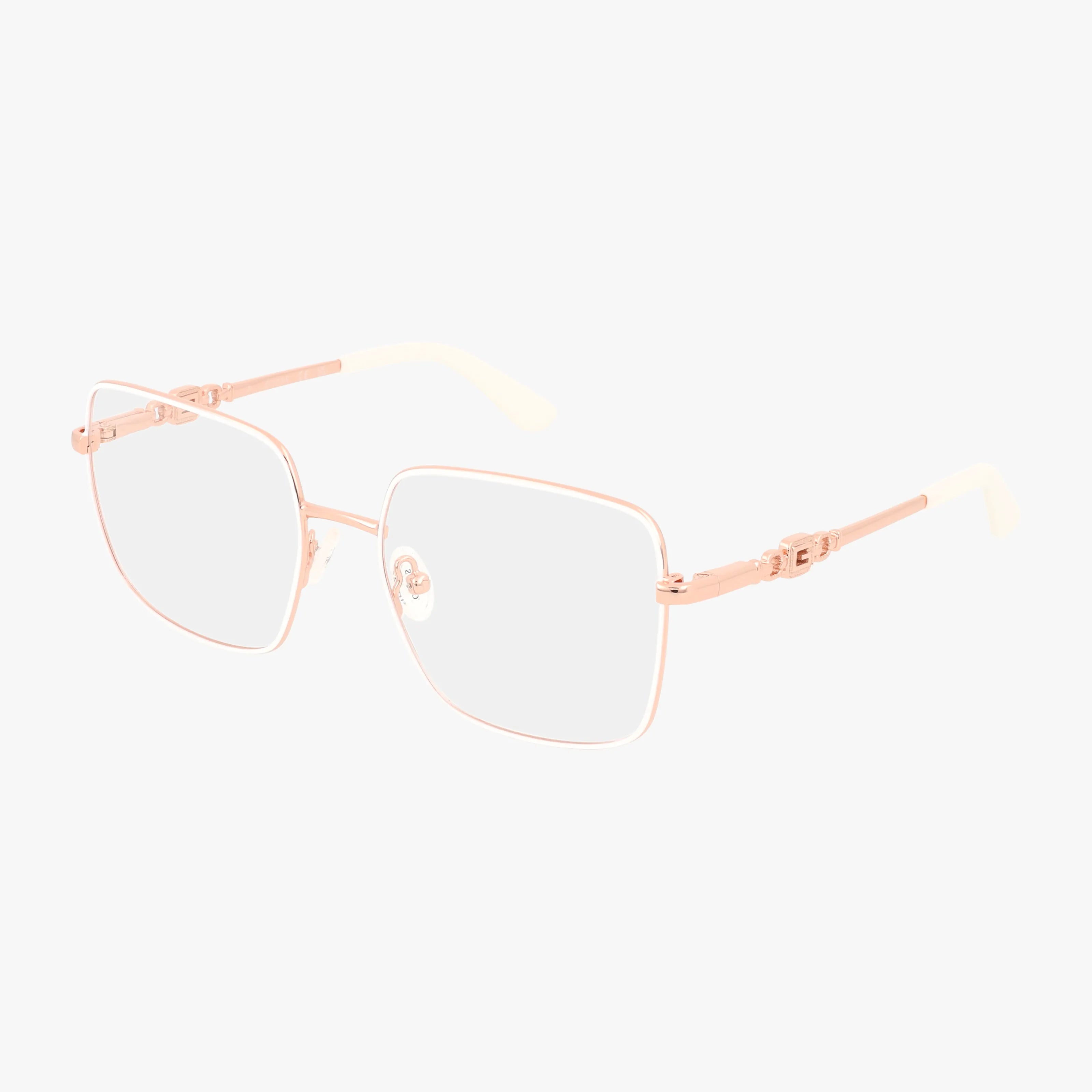 The GU2953 eyeglasses feature thin rose gold metal square frames, clear lenses, and light beige temple tips, blending bold design with everyday excellence against a plain white background.