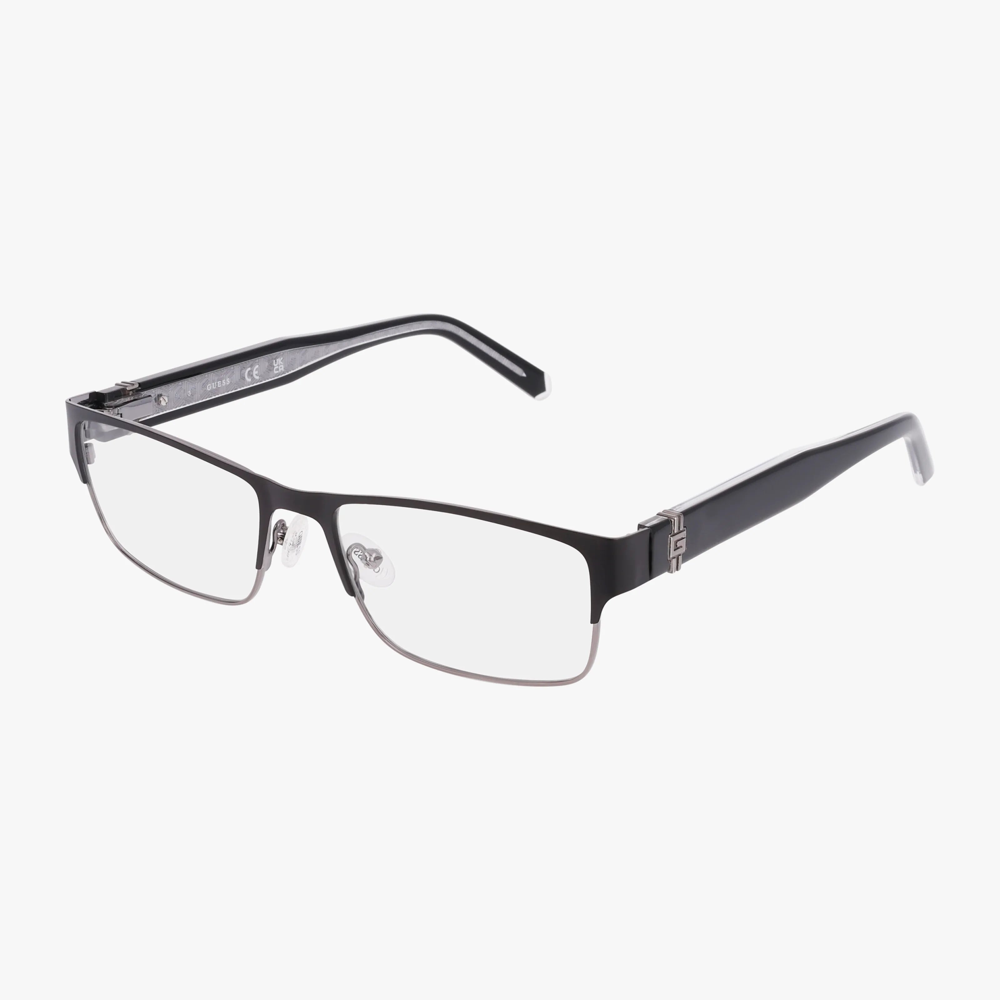 The GU50082 features a durable black rectangular frame, clear blue light lenses, and metal accents on the hinges and nose pads—a stylish choice for daily wear, shown on a white background.
