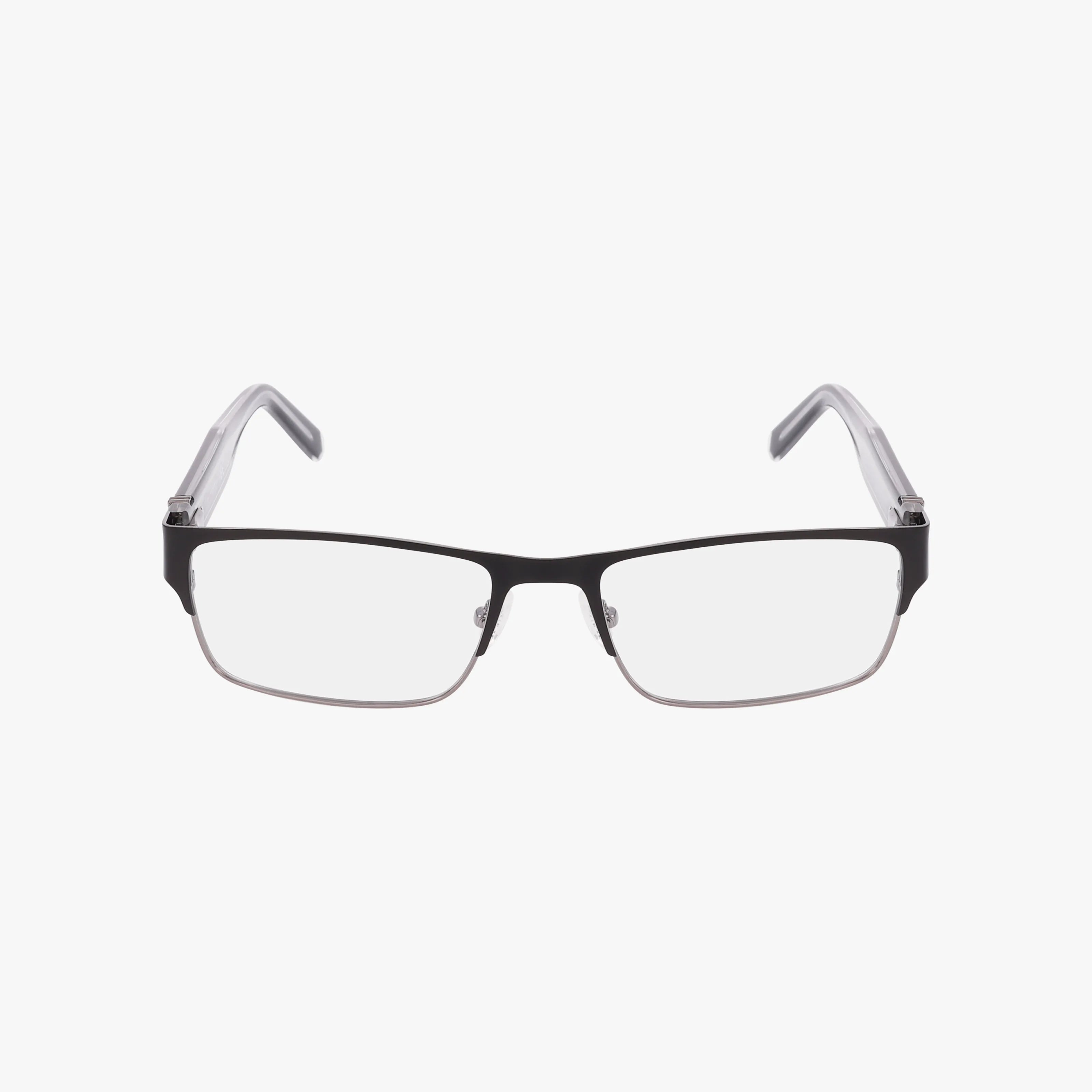 GU50082 rectangular eyeglasses feature a durable frame, thin black metal rims, and clear plastic arms—ideal for daily wear. Shown on a white background.
