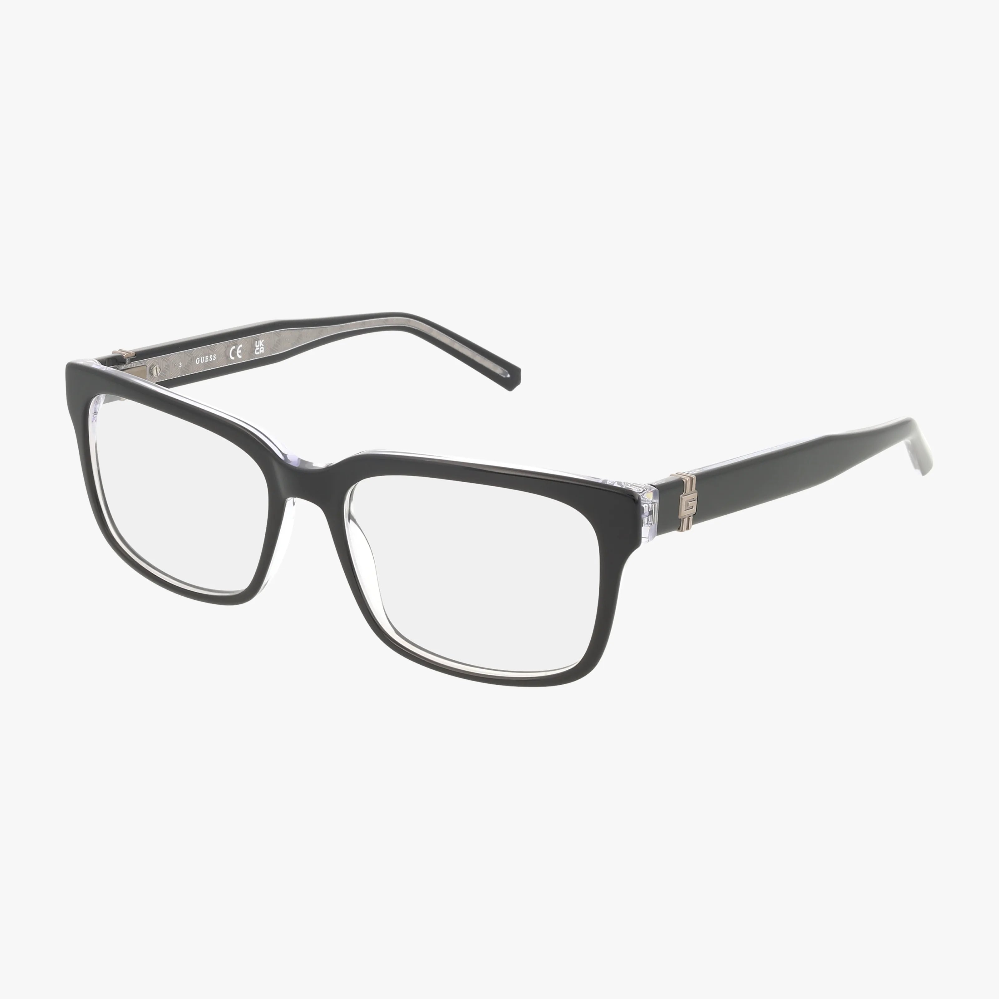 The GU50084 features black rectangular frames with clear prescription lenses and gold temple accents, shown on a white background—a stylish and versatile choice for any occasion.