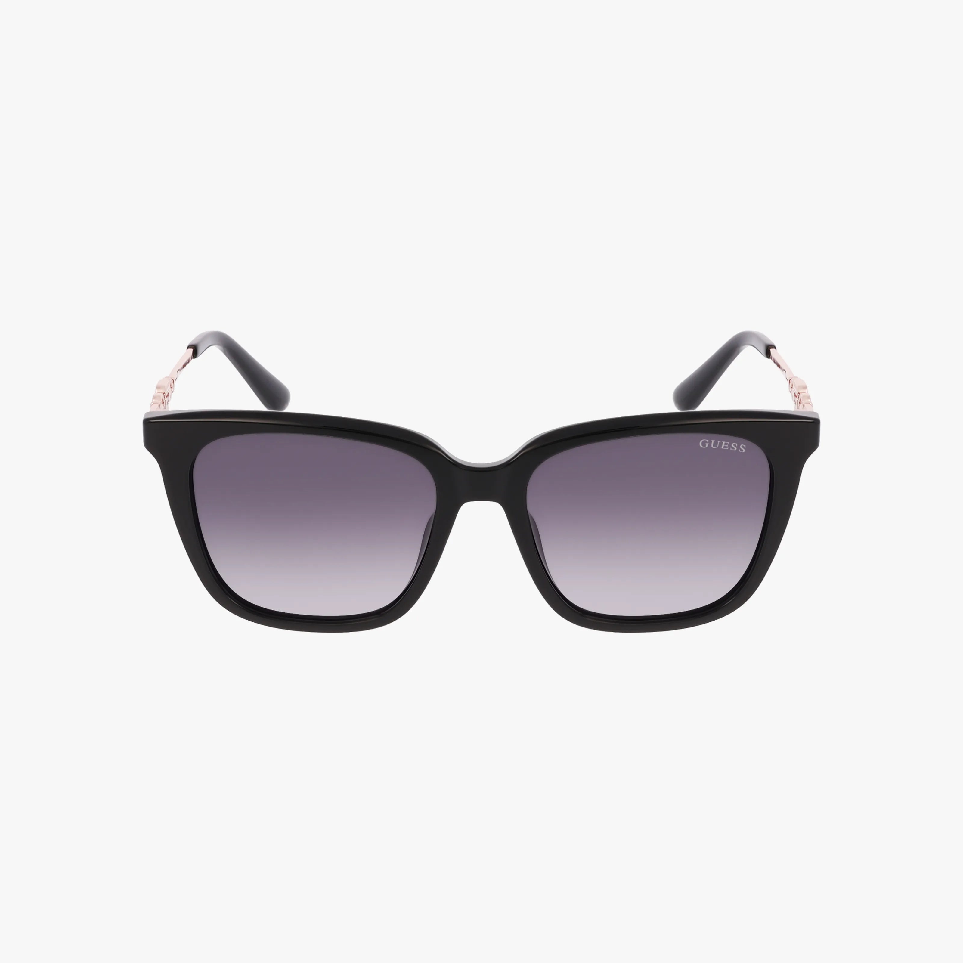 The GU7886 sunglasses from Guess feature black square frames, gradient gray lenses, and a subtle decorative detail on the temples. Displayed against a white background, these stylish shades are ideal for your next online shopping find.