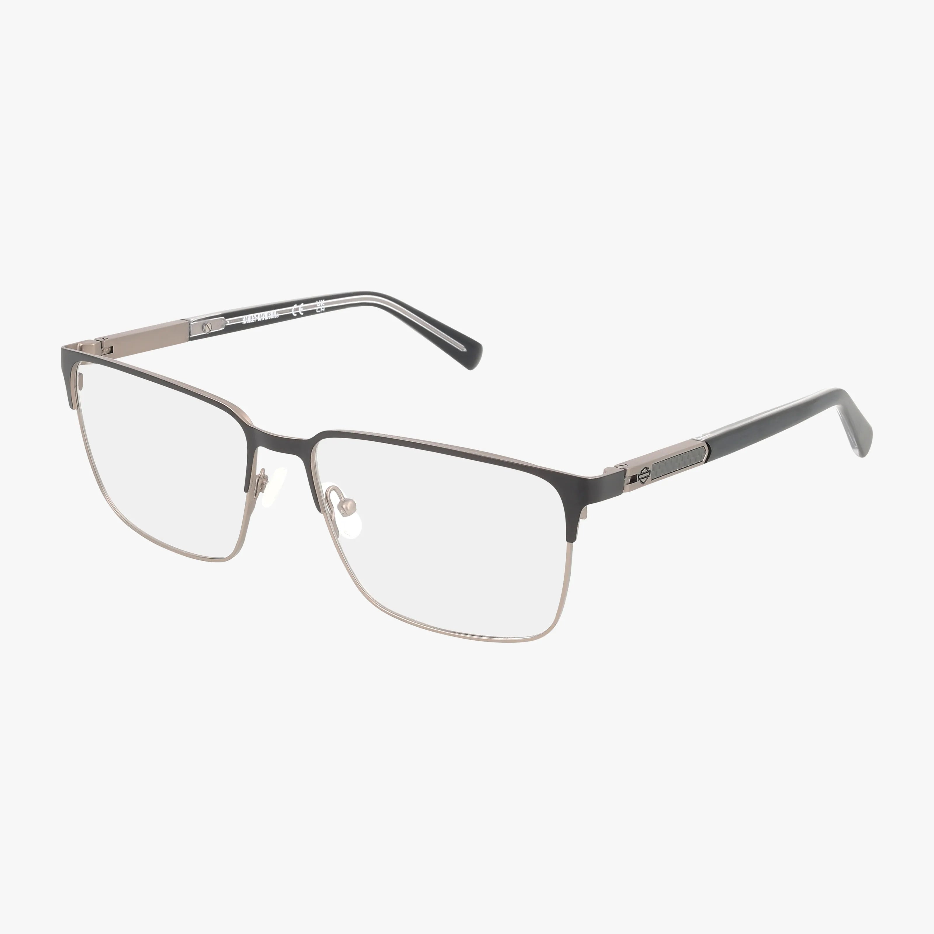 The HD0976 features rectangular clear lenses in a thin black and silver metal frame, adjustable nose pads, and black temple arms with silver accents for durability and style.