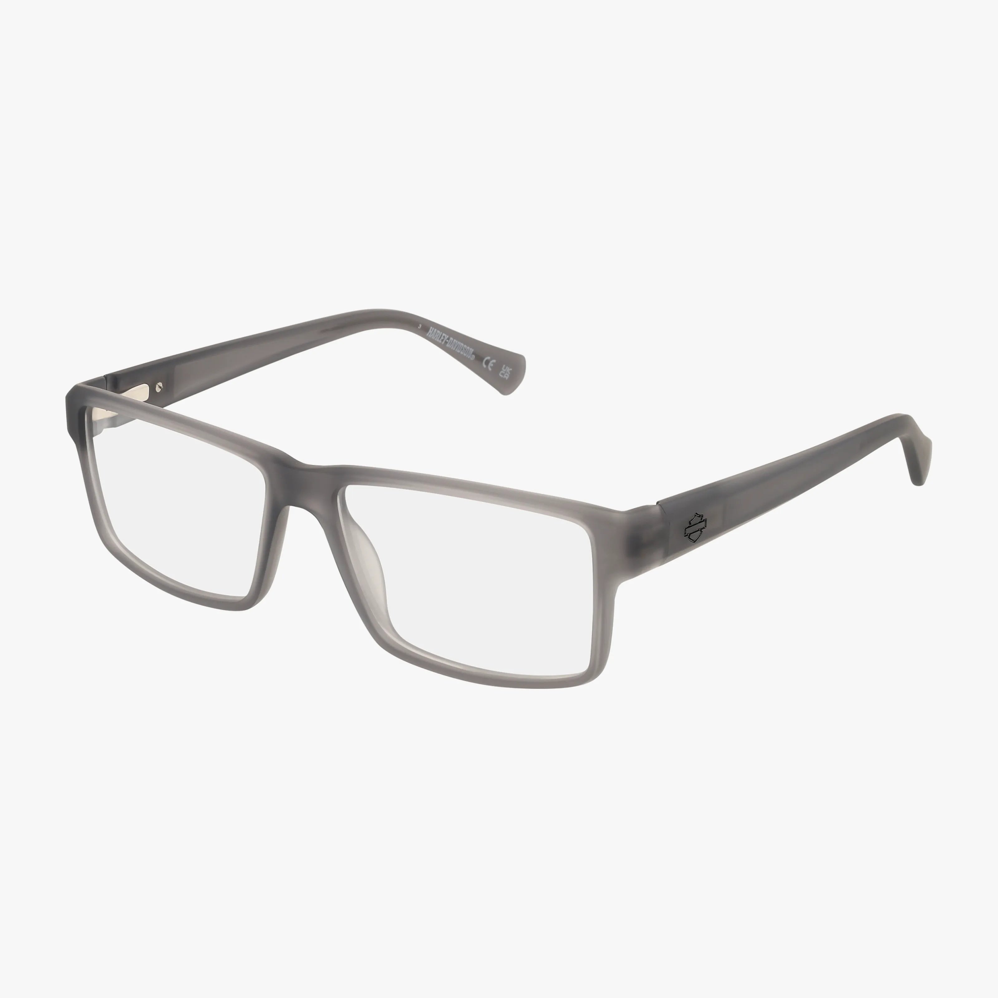 HD0982 translucent gray rectangular eyeglasses with thick frames and clear lenses, showcasing subtle innovation, displayed on a white background.
