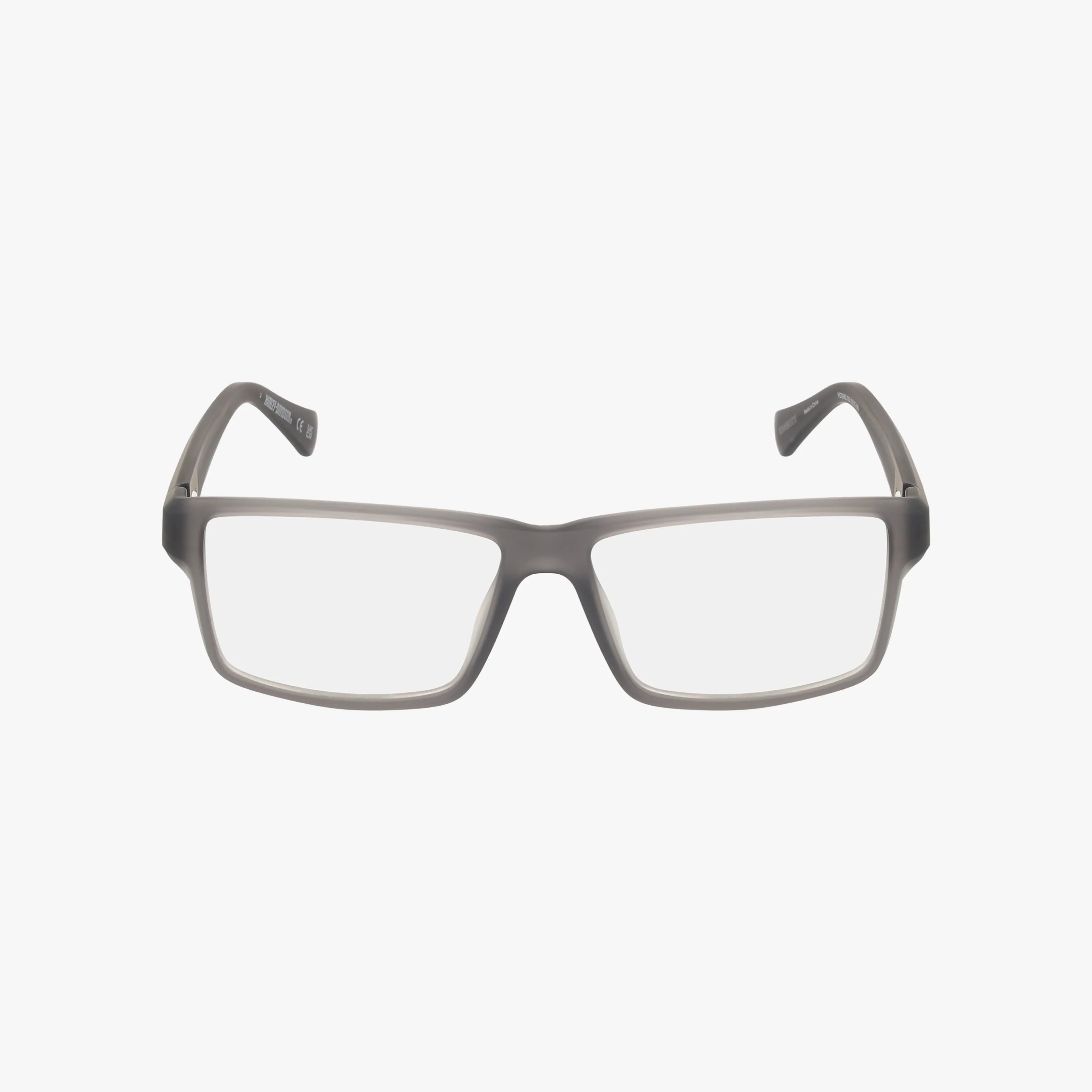 The HD0982 rectangular gray eyeglasses feature clear lenses and are displayed facing forward on a plain white background, combining sleek design with modern innovation.