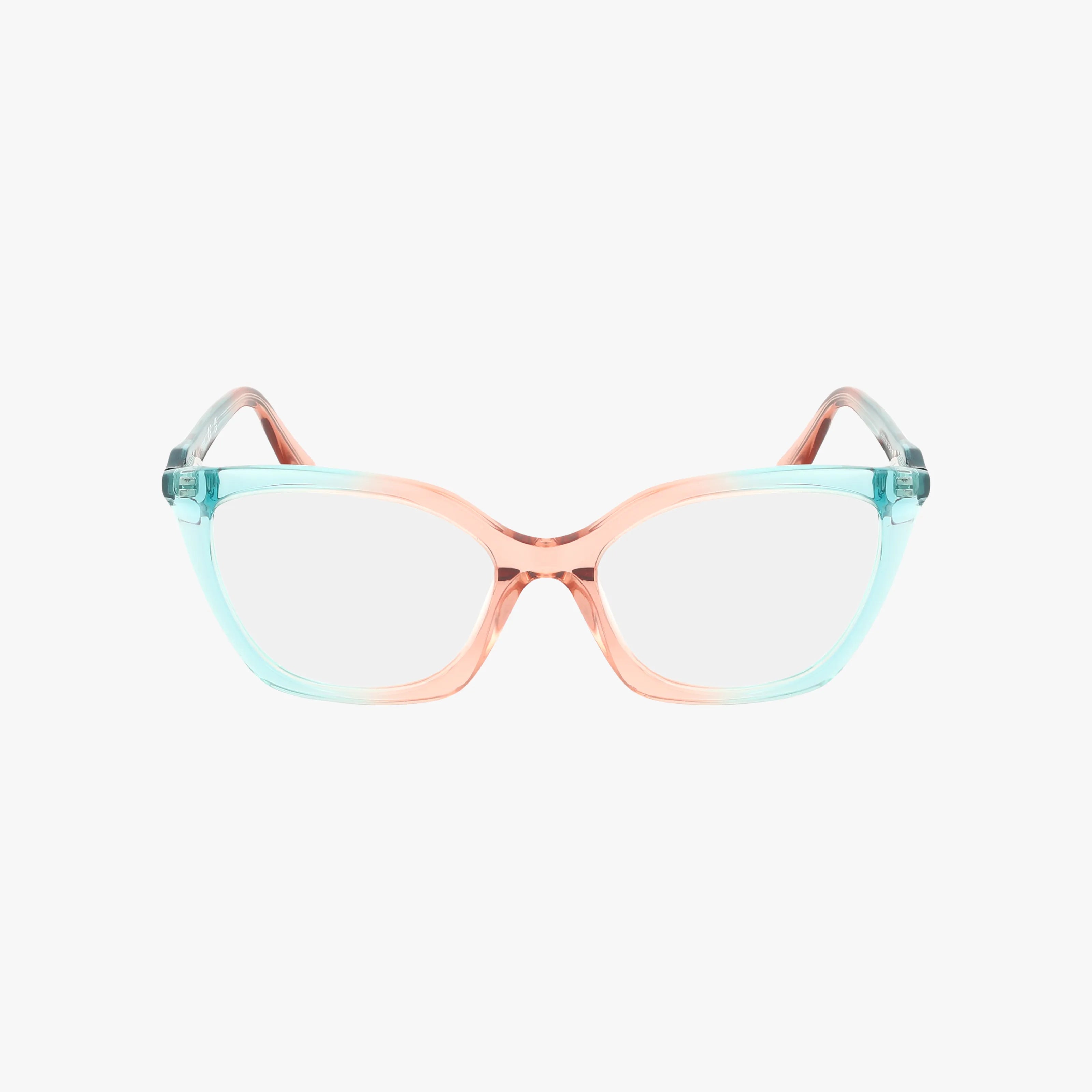 Front view of GU2965 eyewear featuring a colorful, classic frame with a light aqua blue top half and soft peach bottom half. Clear lenses and matching arms highlight the modern design and vibrant color choices.