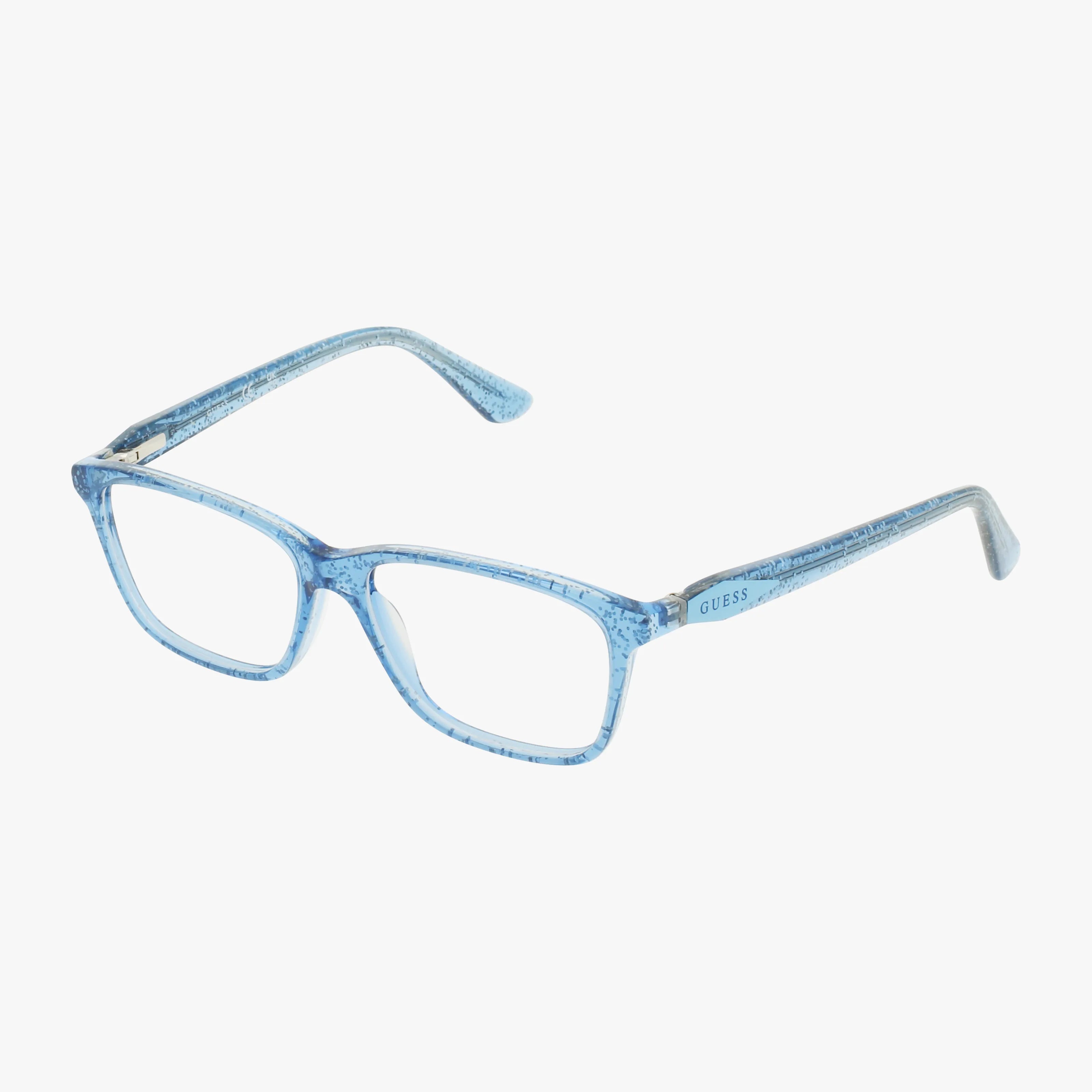 The GUESS 9235 features light blue, rectangular frames with a subtle marbled pattern and logo on the temple. With clear lenses and a modern, stylish design, these glasses are perfect for school or staying sharp.
