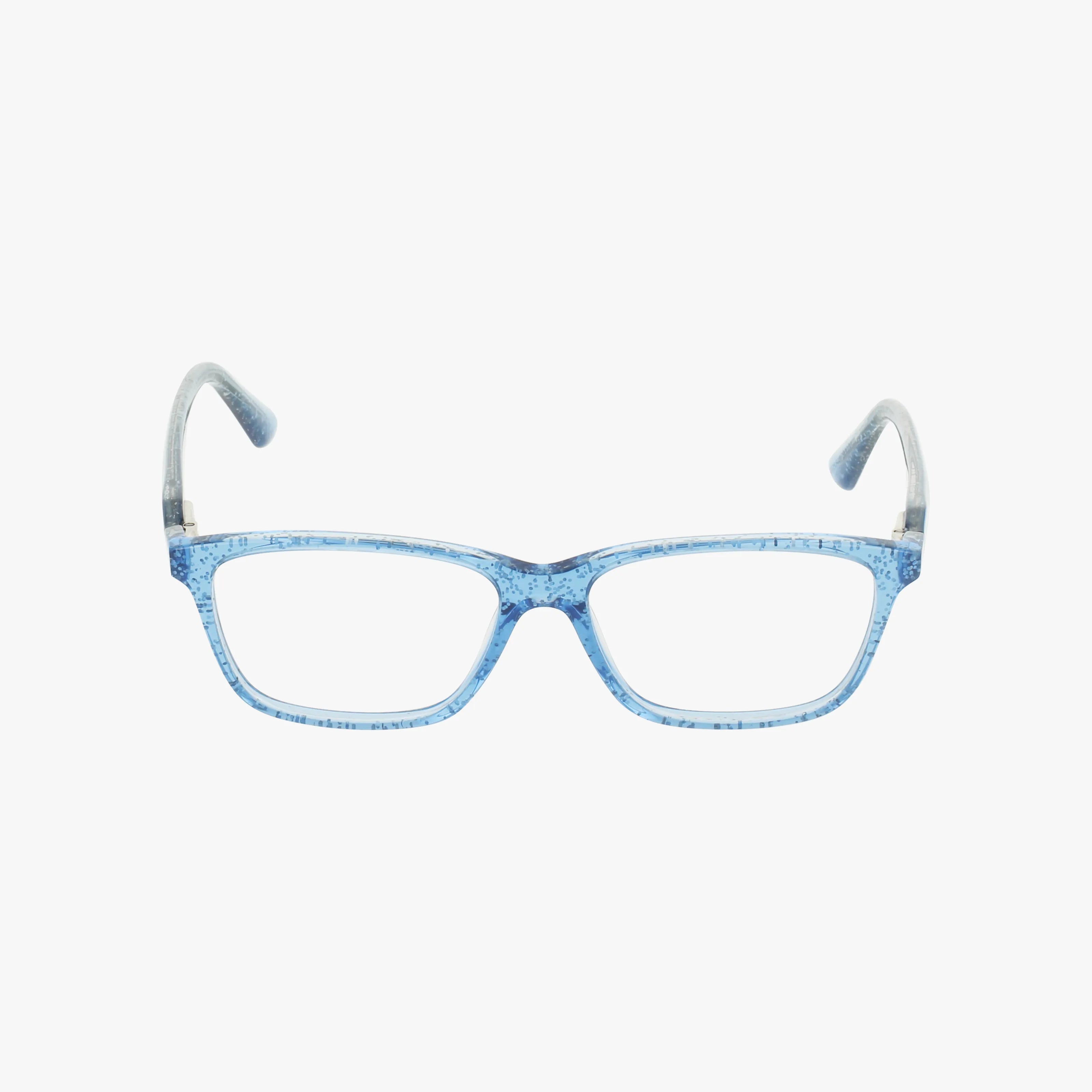 The 9235 is a pair of rectangular eyeglasses with light blue, semi-transparent frames and temples, ideal for a sharp, smart look at school. Shown against a plain white background.