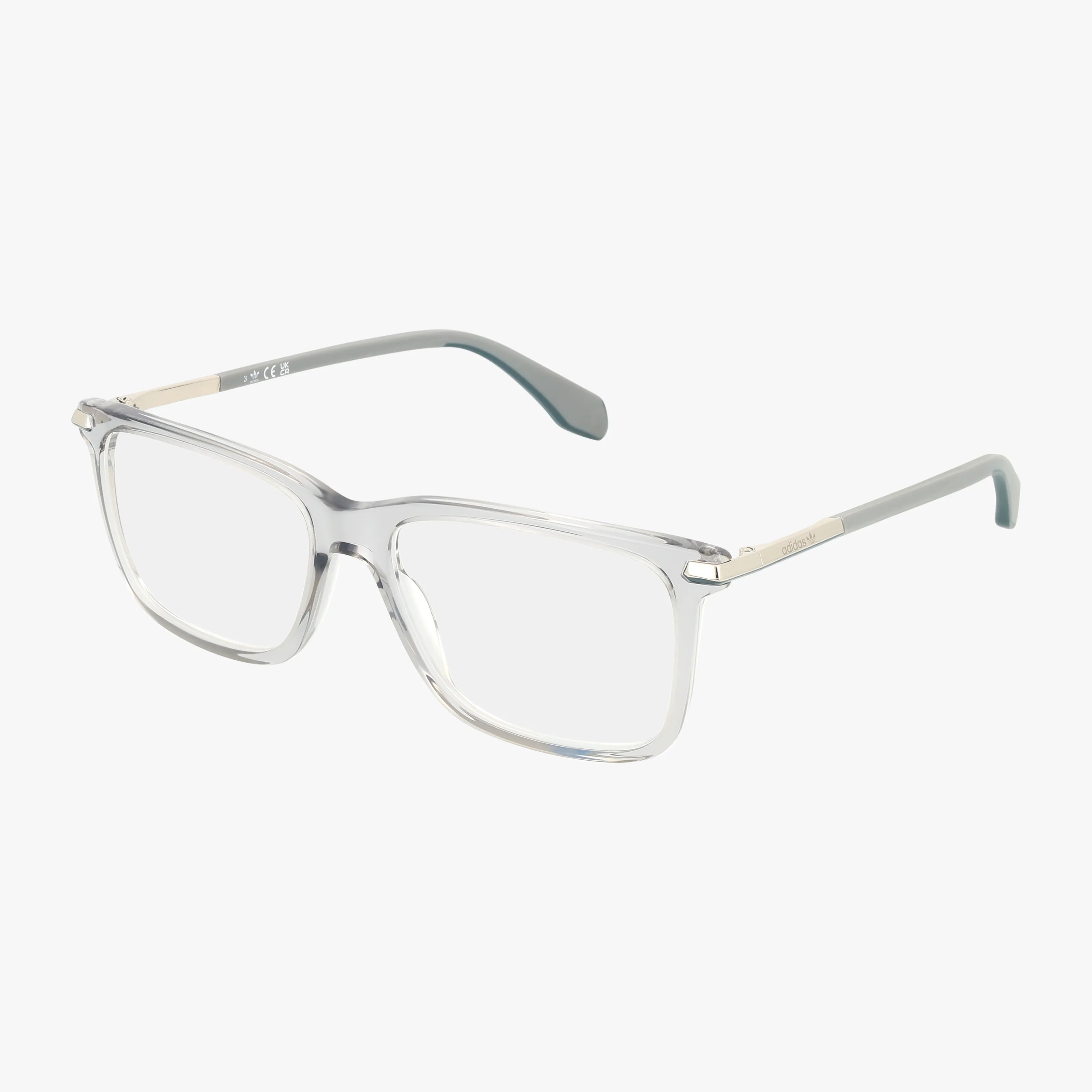 The OR5074 features clear plastic frames, rectangular blue light lenses, silver metallic arms, and gray tips. Shown at a three-quarter angle on a white background, its lightweight design ensures all-day comfort.