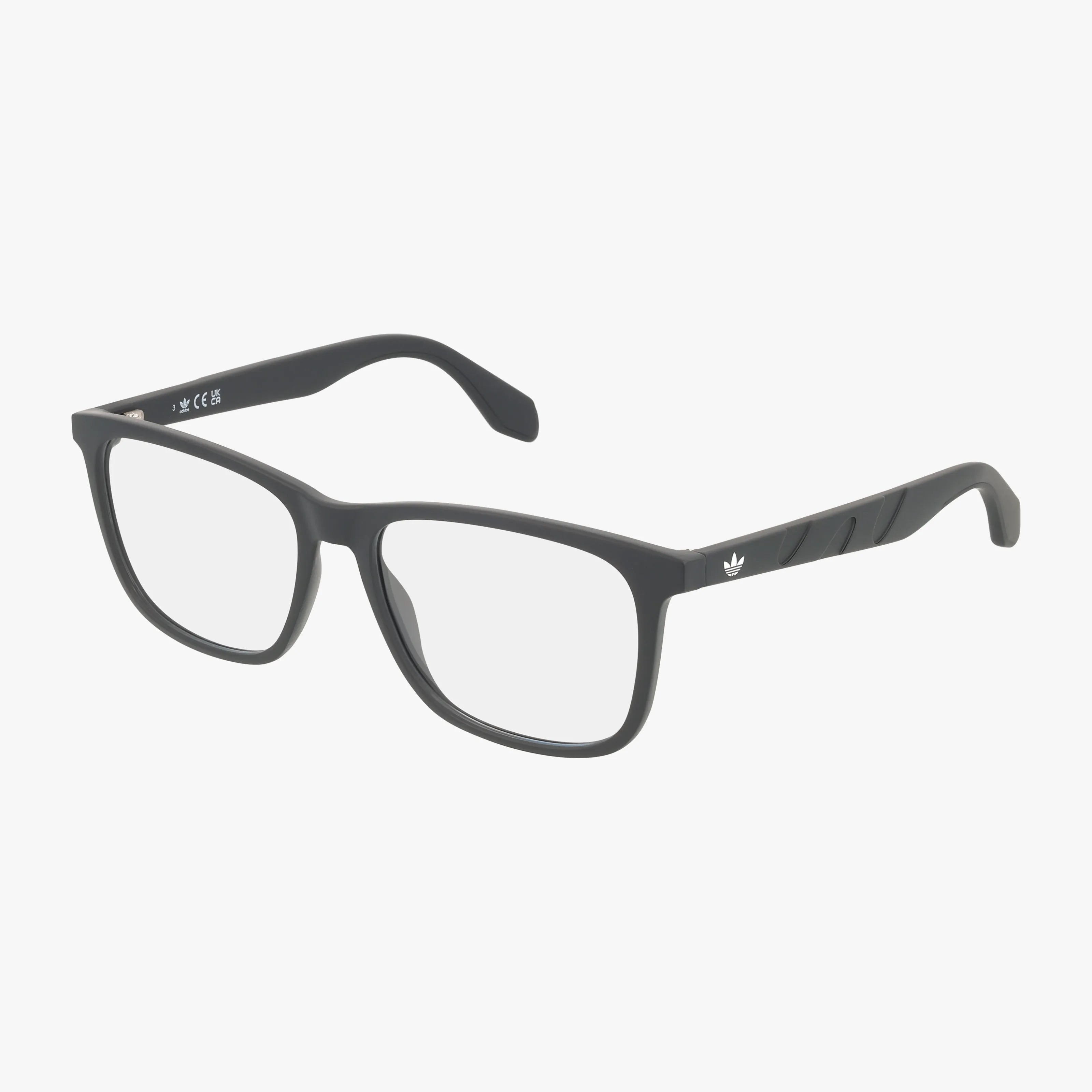 The OR5076 is a pair of black rectangular eyeglasses with clear lenses, featuring subtle Adidas branding on the temples. Designed for daily wear, these eyeglasses have a lightweight frame and are shown on a white background.