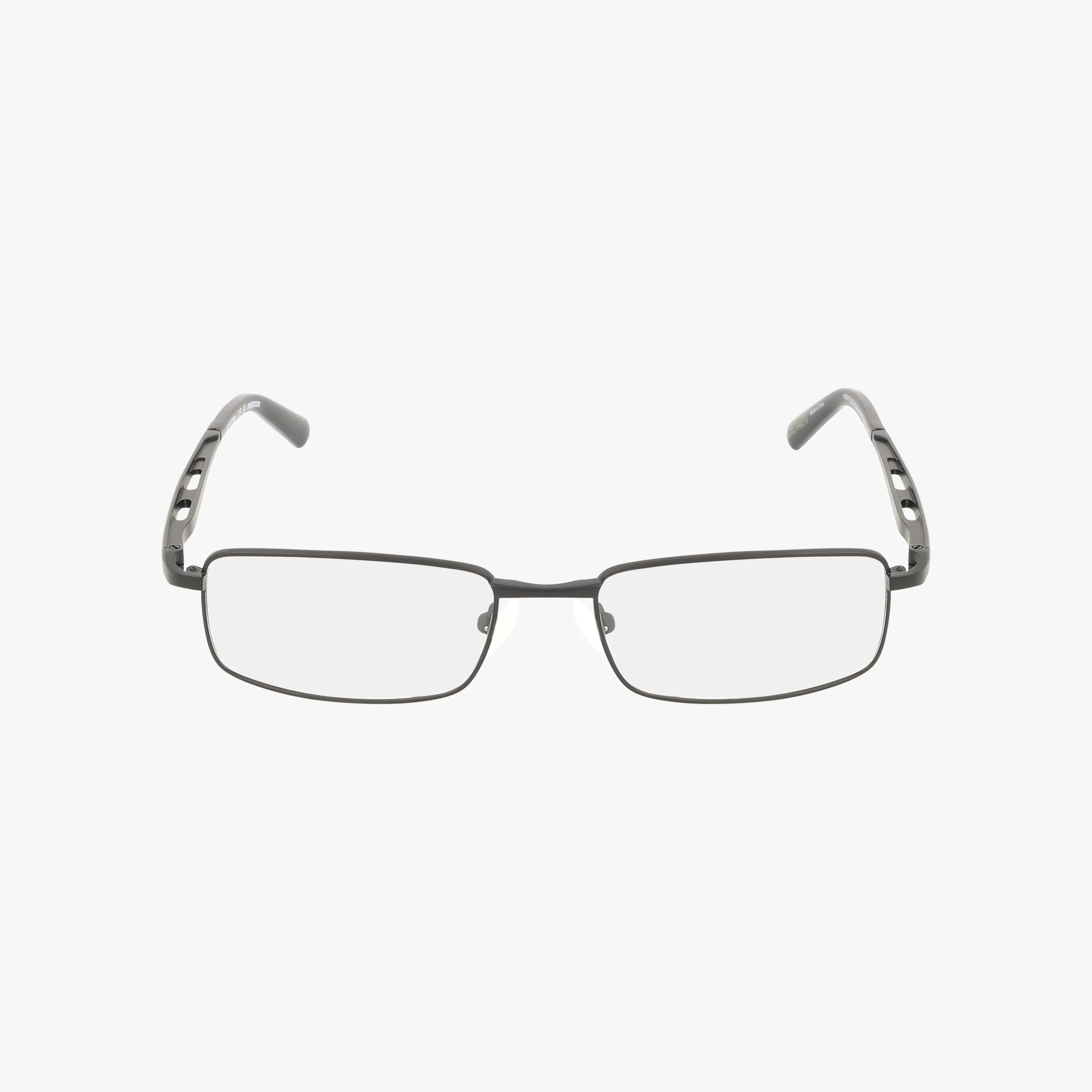 HD9027 rectangular eyeglasses featuring a lightweight black metal frame with clear lenses. The temples are partially black and display small circular cutouts near the hinges. Set against a plain white background.