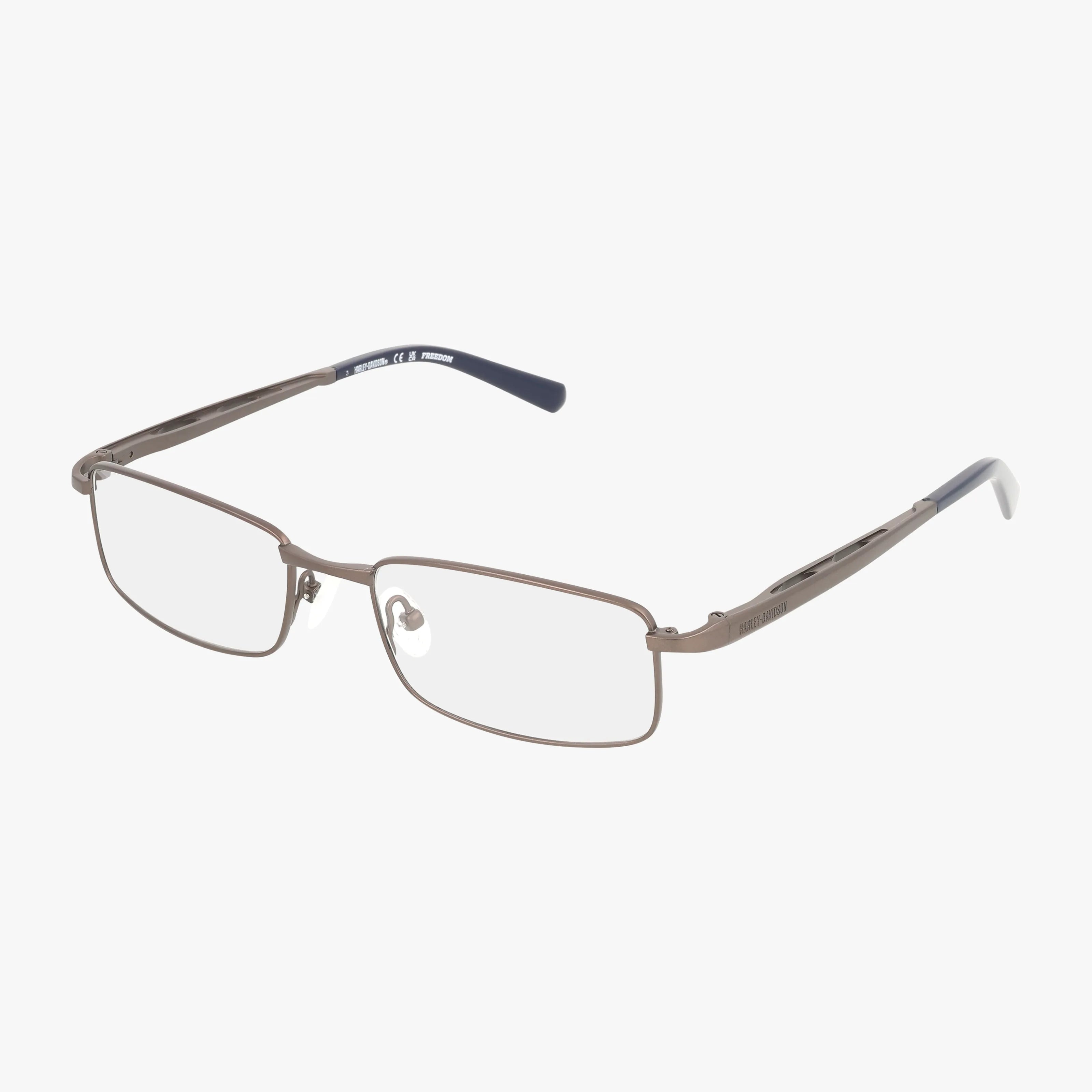 The HD9027 eyeglasses feature a rectangular, thin metal frame in brown with black plastic temple tips. Clear lenses highlight the lightweight and luxurious design, all showcased against a white background.