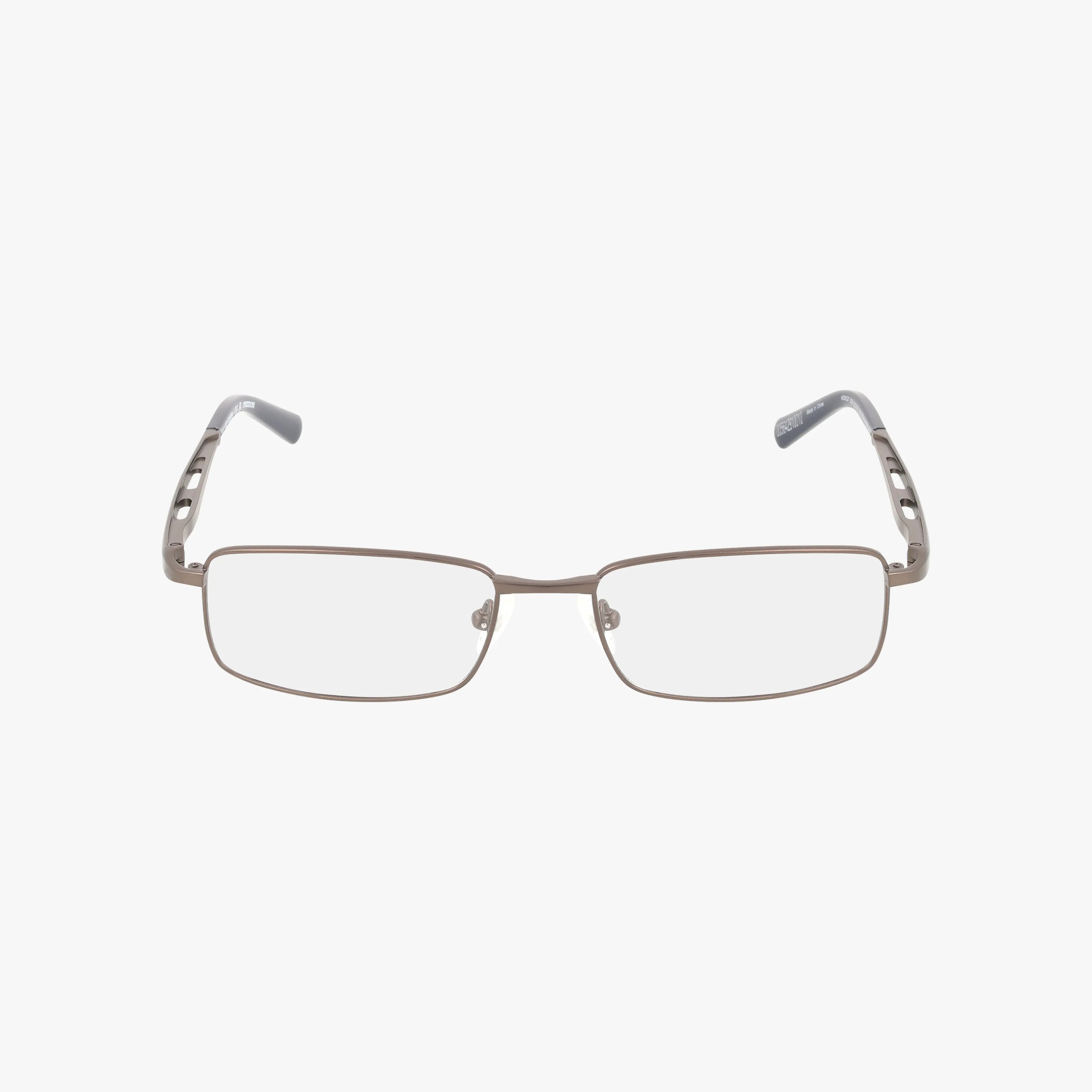 The HD9027 eyeglasses feature a rectangular, rimmed shape with a luxurious lightweight metallic frame and gray cut-out temple arms, displayed on a white background.