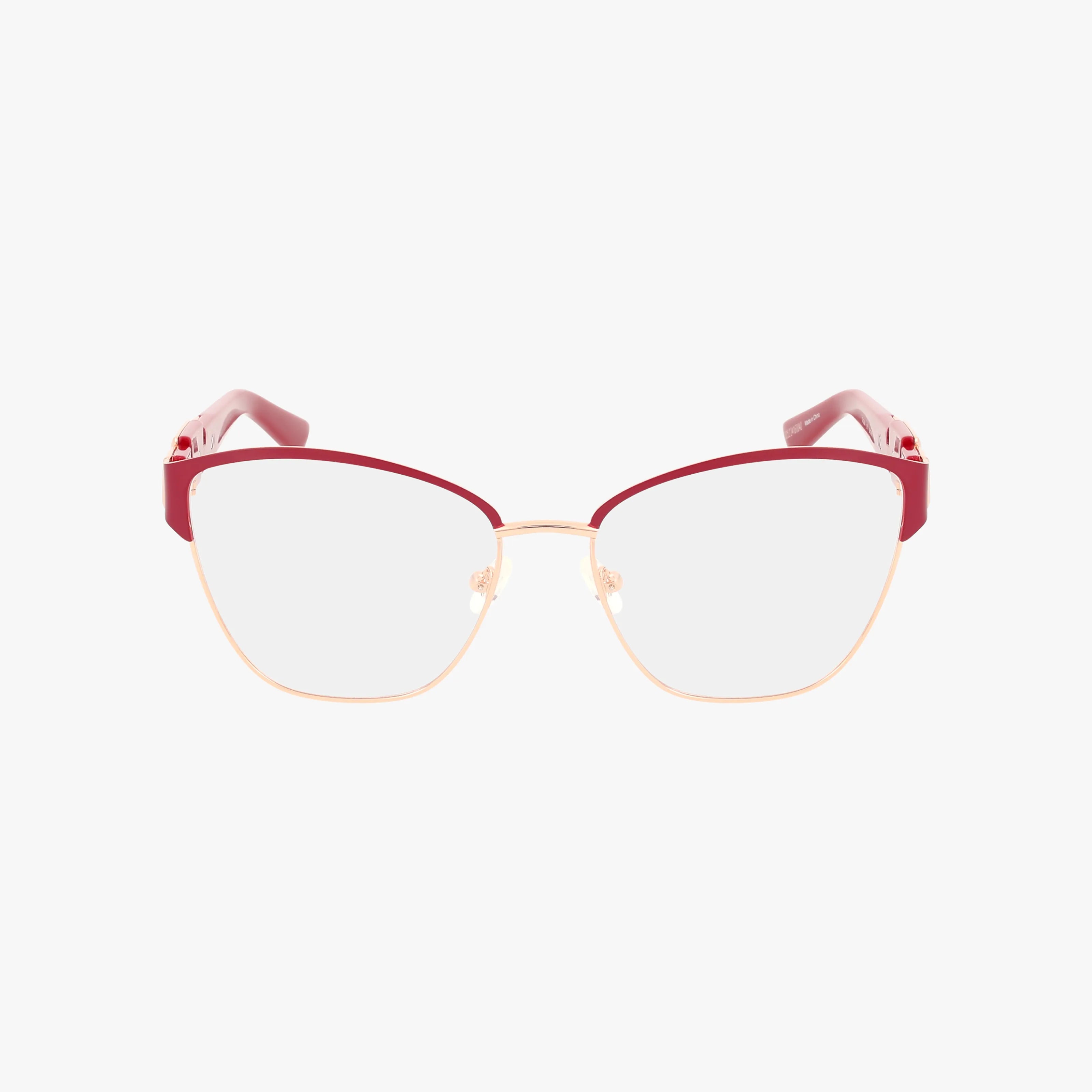 The GU2984/V cat-eye eyeglasses feature thin gold metal rims with bold red accents on the upper frame and temples, offering chic modern style. Displayed against a plain white background.