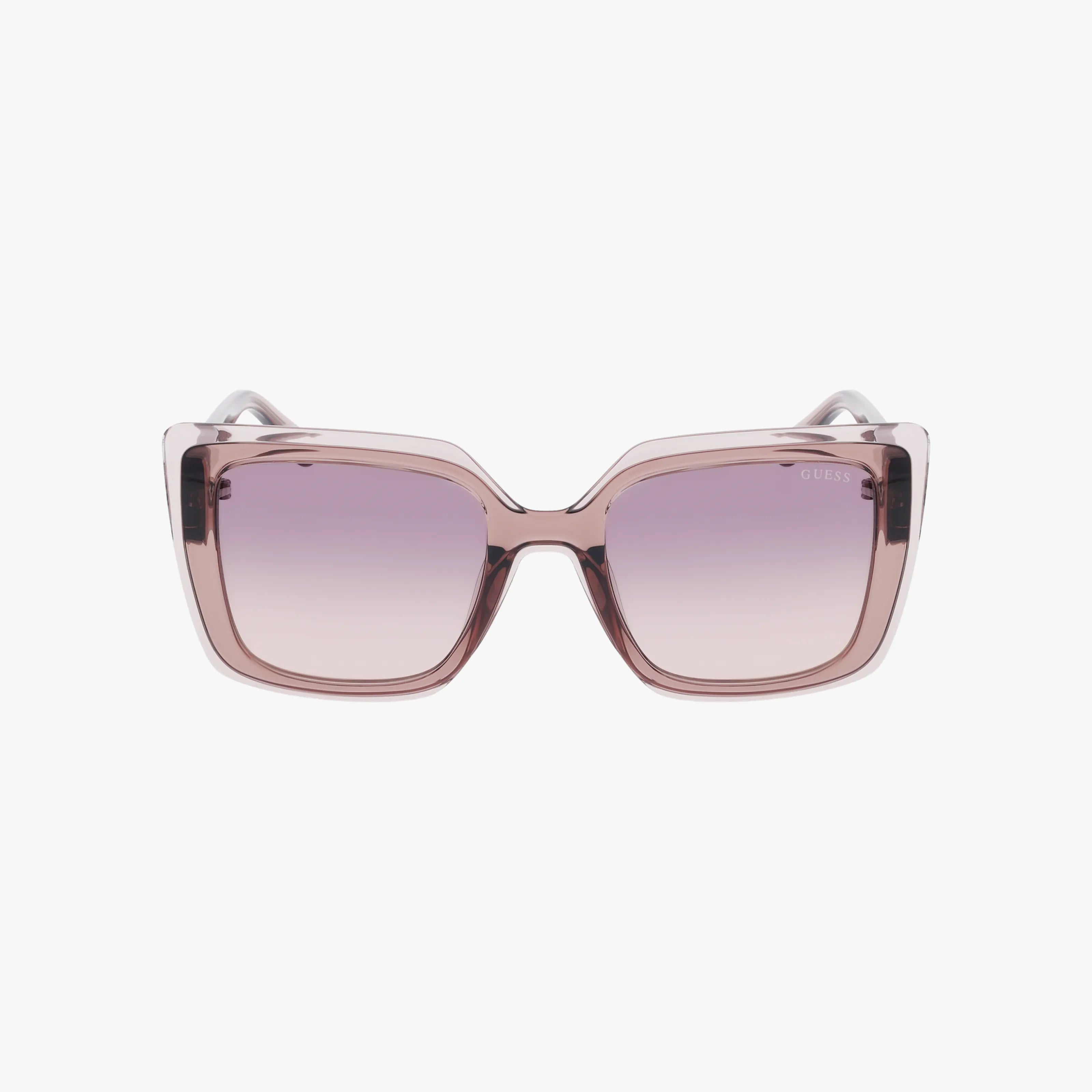 Front view of GU7908 sunglasses with a durable, square-shaped translucent pink frame and gradient pink lenses, shown against a plain white background.