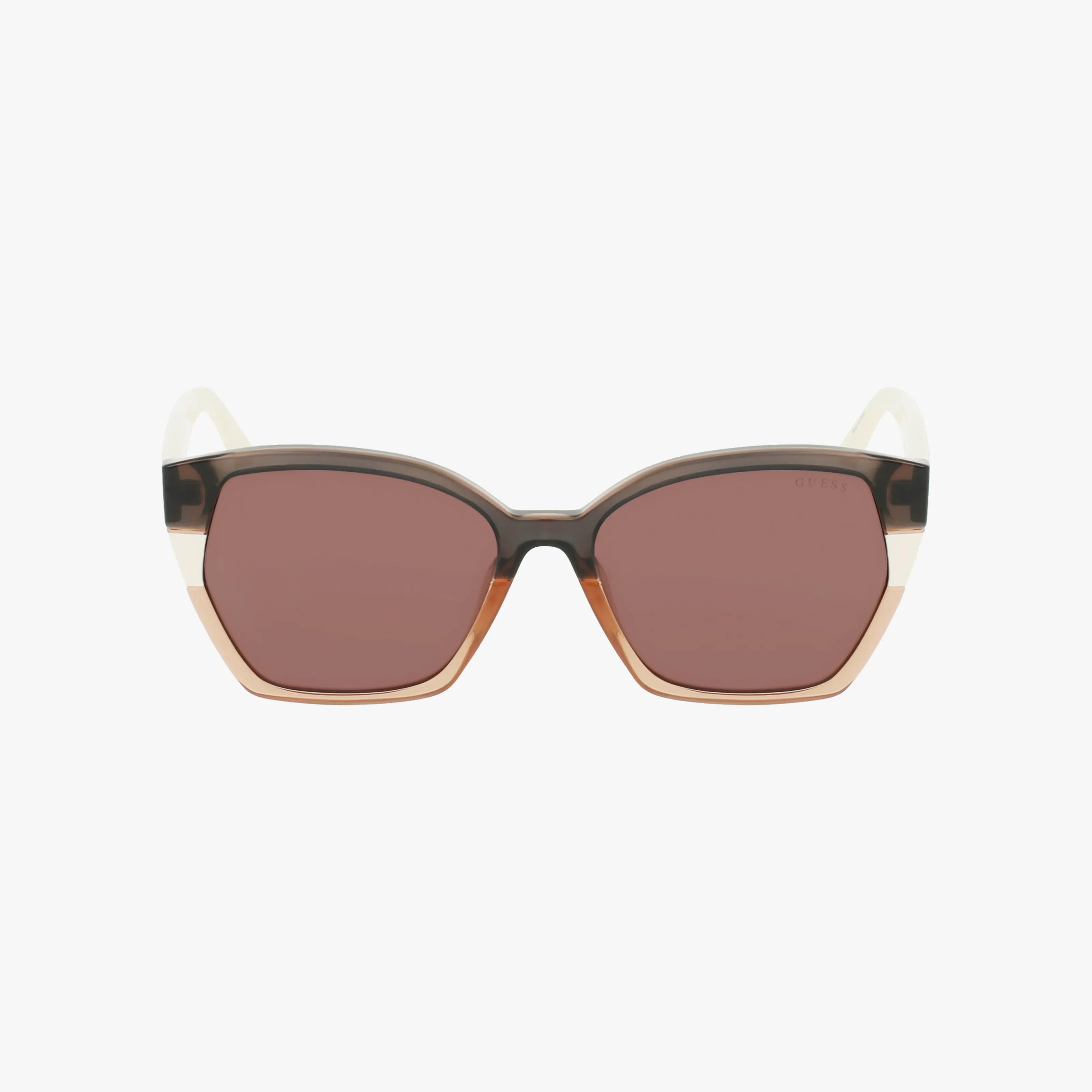 The GU7912 sunglasses feature geometric, angular frames in a dark brown to light beige gradient with rose-tinted lenses—ideal for any outdoor adventure. Shop these stylish sunglasses online, displayed on a white background.