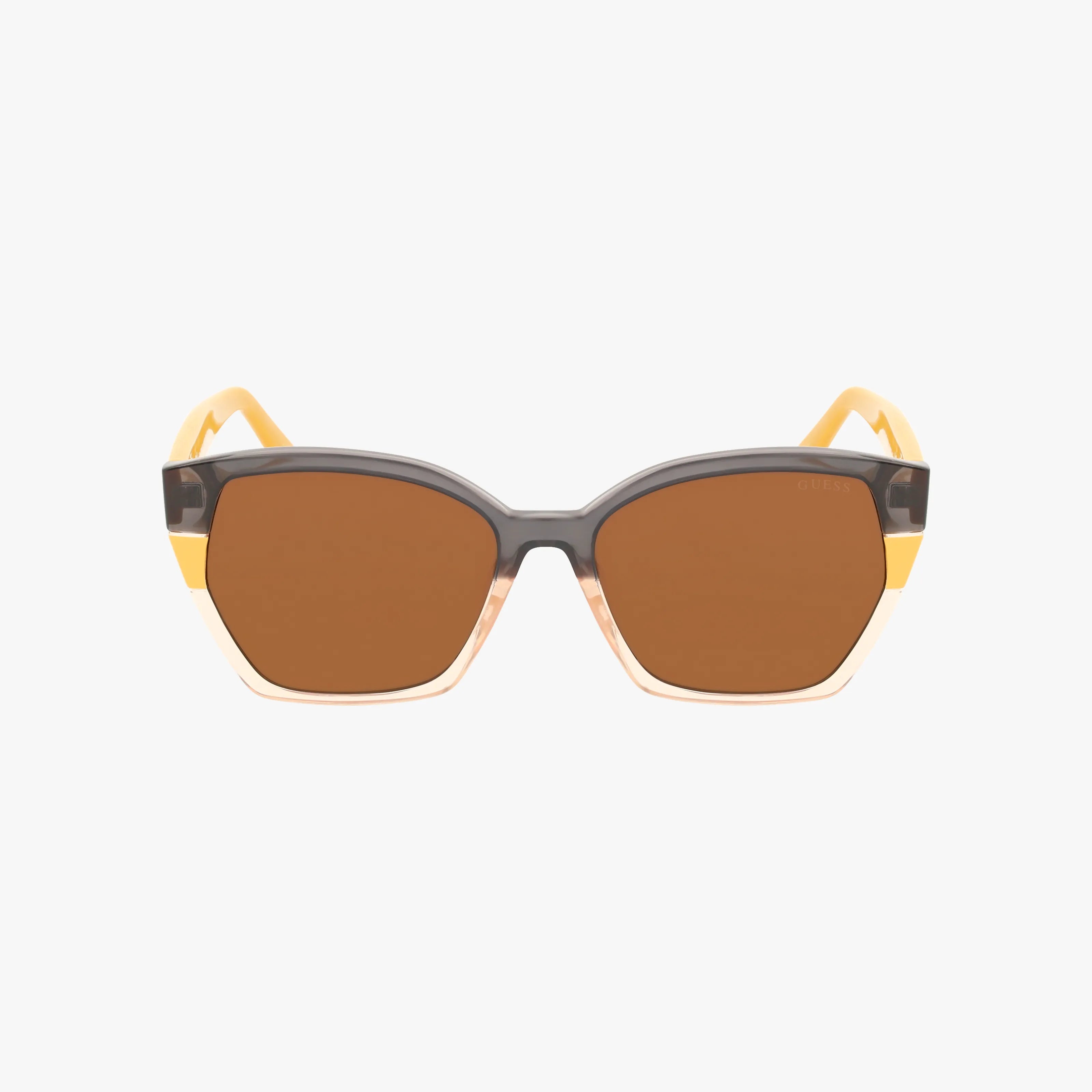 The GU7912S square sunglasses feature brown lenses, a black and yellow frame, and yellow arms with UV protection, shown on a plain white background.