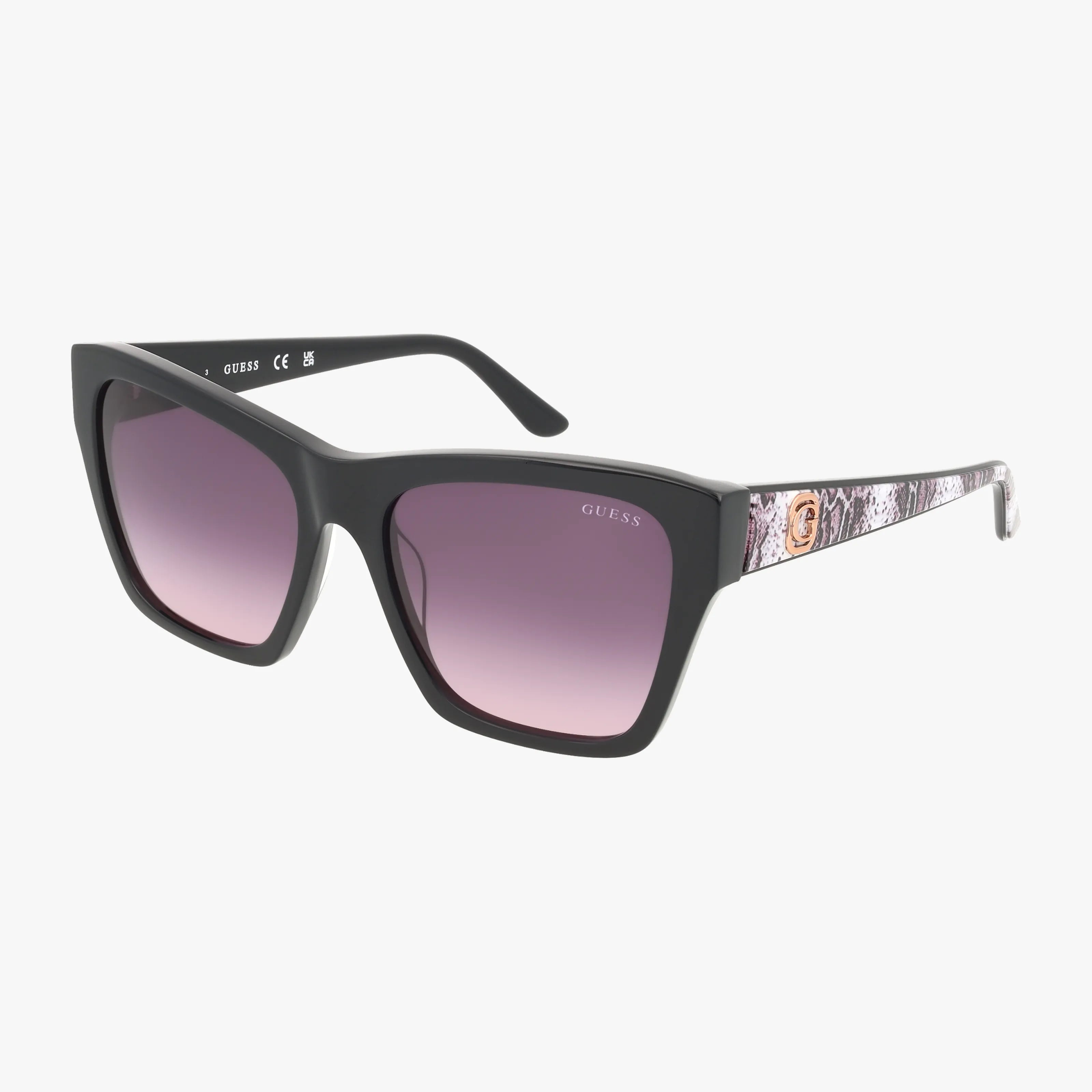 A pair of GU00113/S black square-frame Guess sunglasses with stylish frames, purple gradient lenses, and patterned arms featuring a metallic Guess logo on the side.