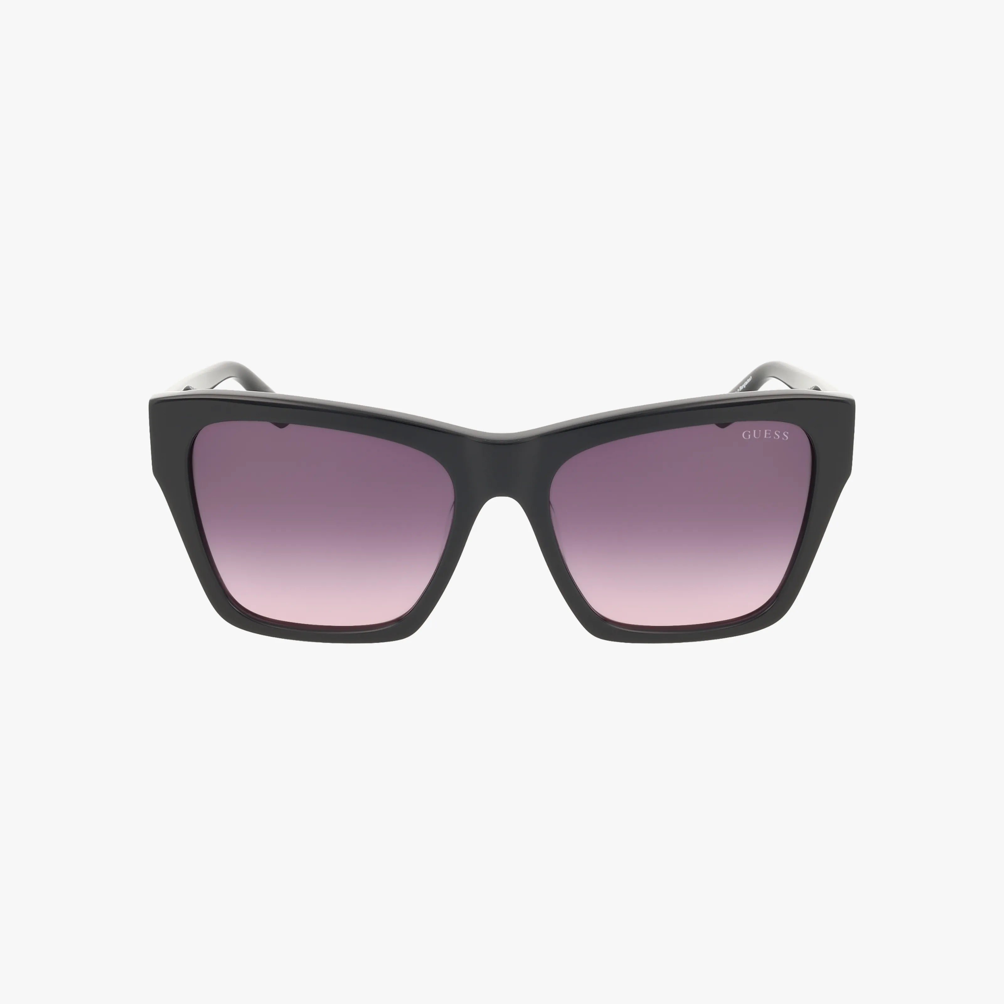 GU00113/S black cat-eye sunglasses feature a stylish frame and purple gradient lenses, shown on a white background. The top corner of the right lens displays the GUESS brand name.