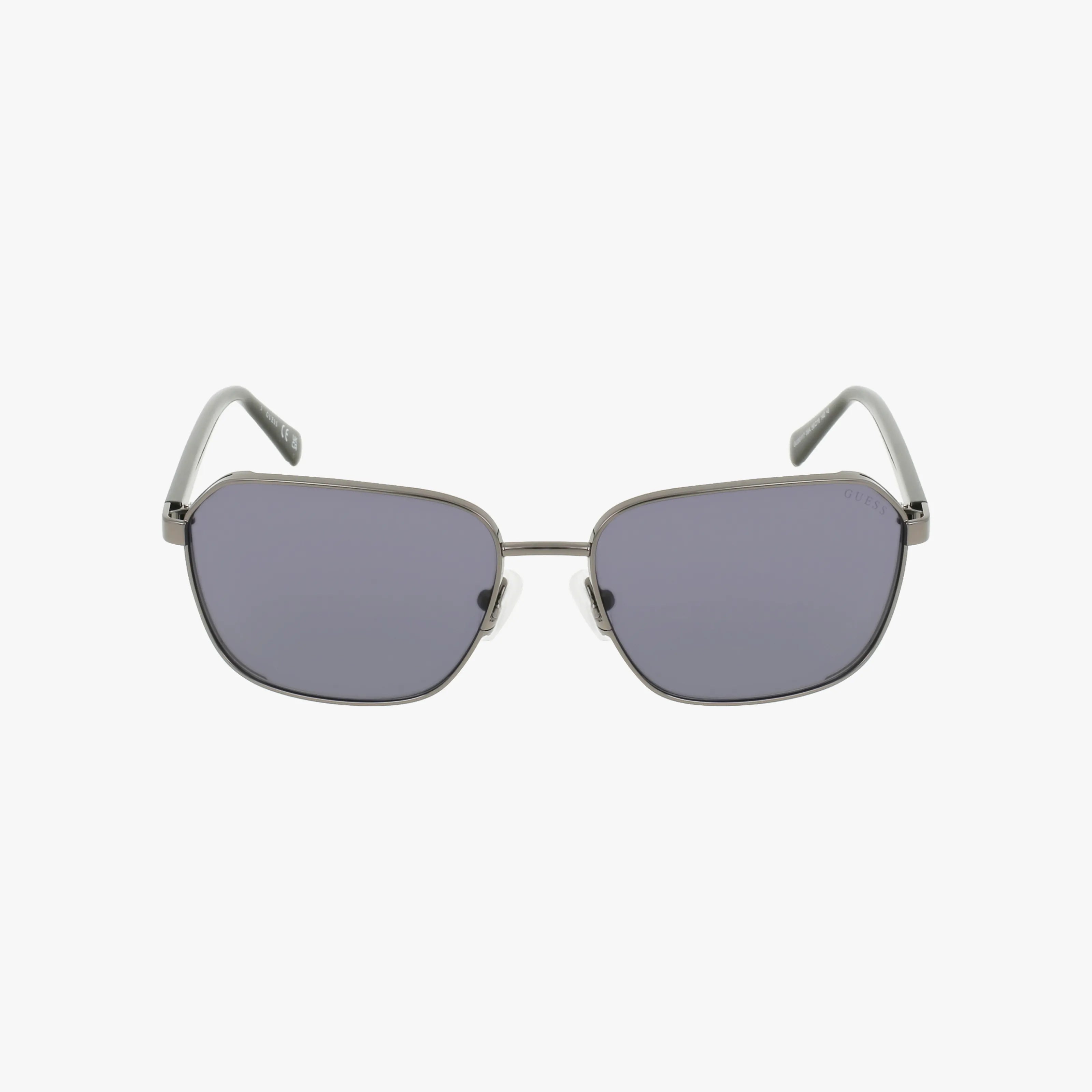 GU00117 features rectangular sunglasses with a durable metal frame and dark gray lenses, shown against a plain white background.