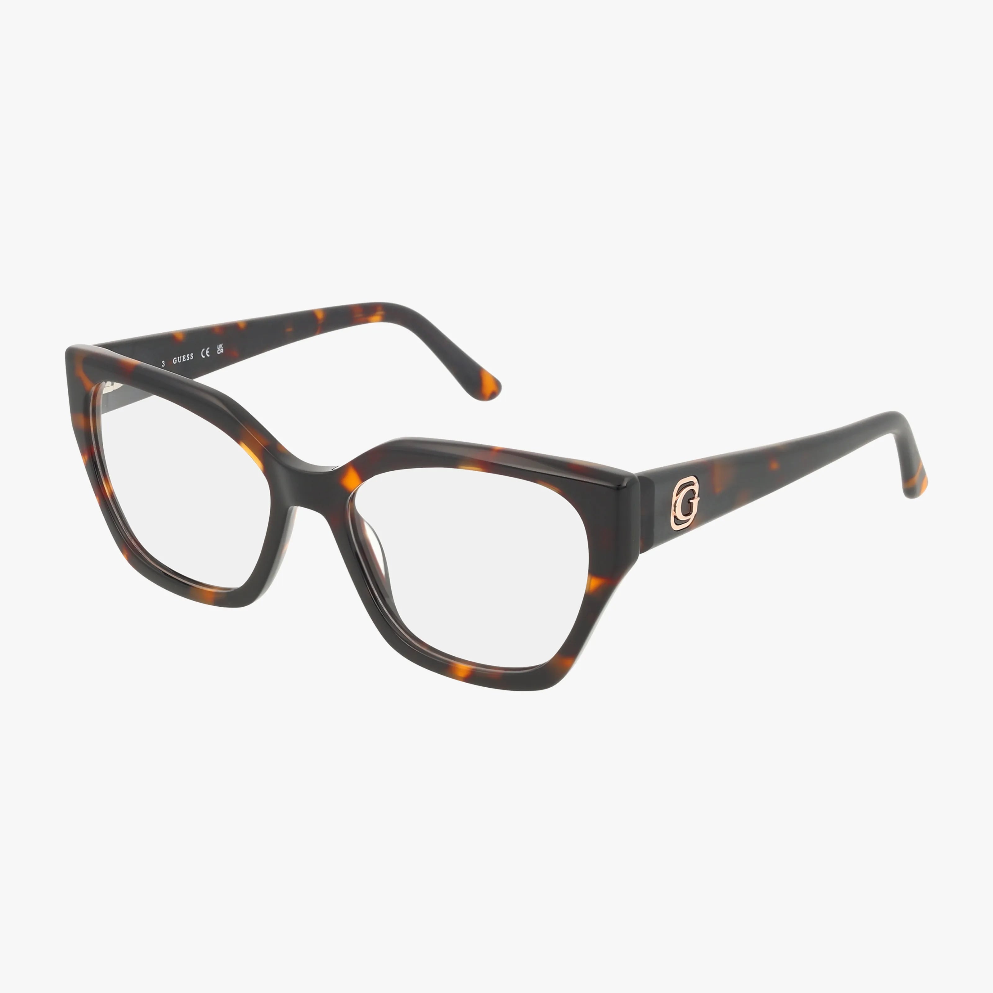 The GU50112 features a luxurious tortoiseshell square frame with a thick design and a gold G logo on the temple, set against a plain white background.