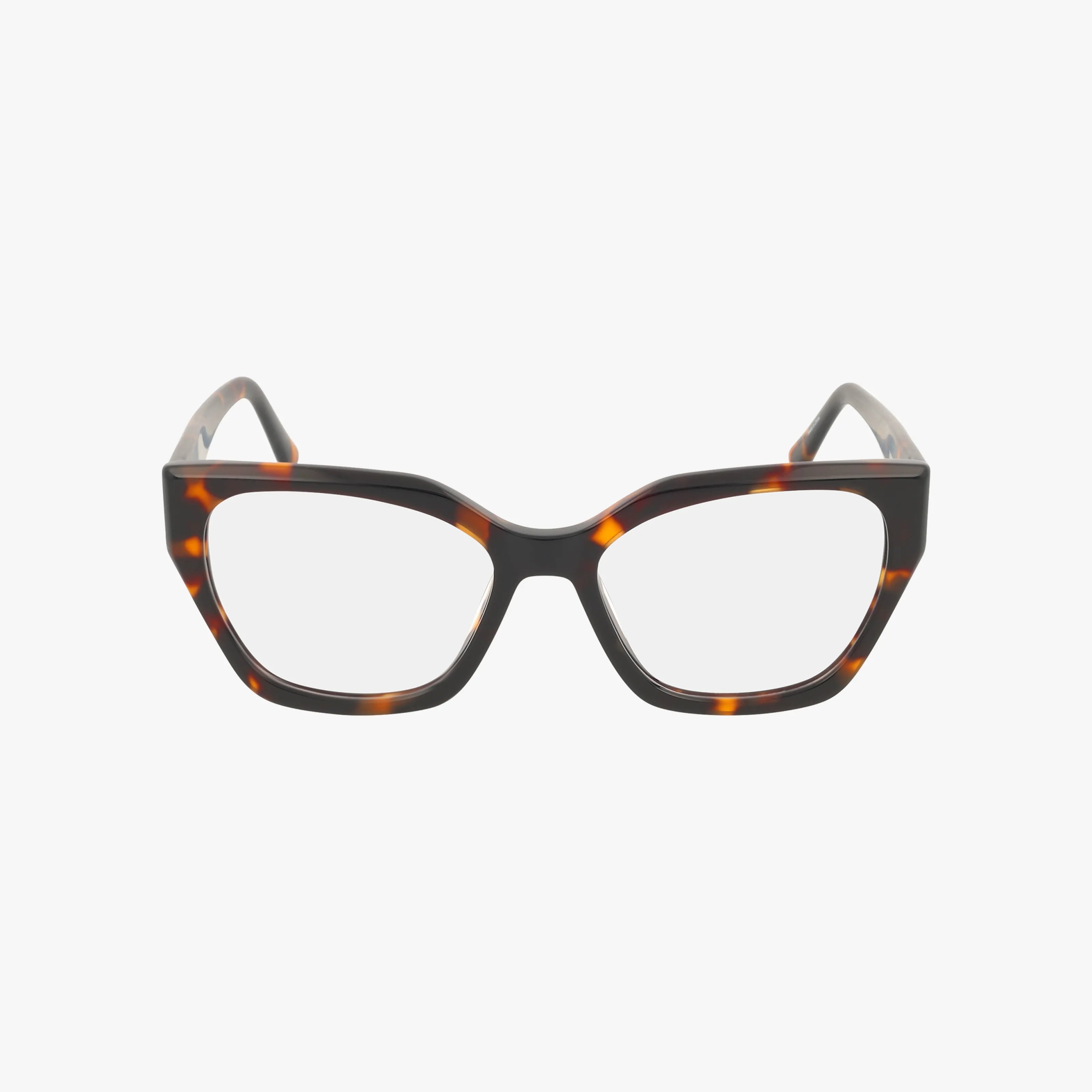 The GU50112 eyeglasses feature thick, dark tortoiseshell frames and clear lenses, highlighting luxury craftsmanship and quality, displayed against a plain white background.