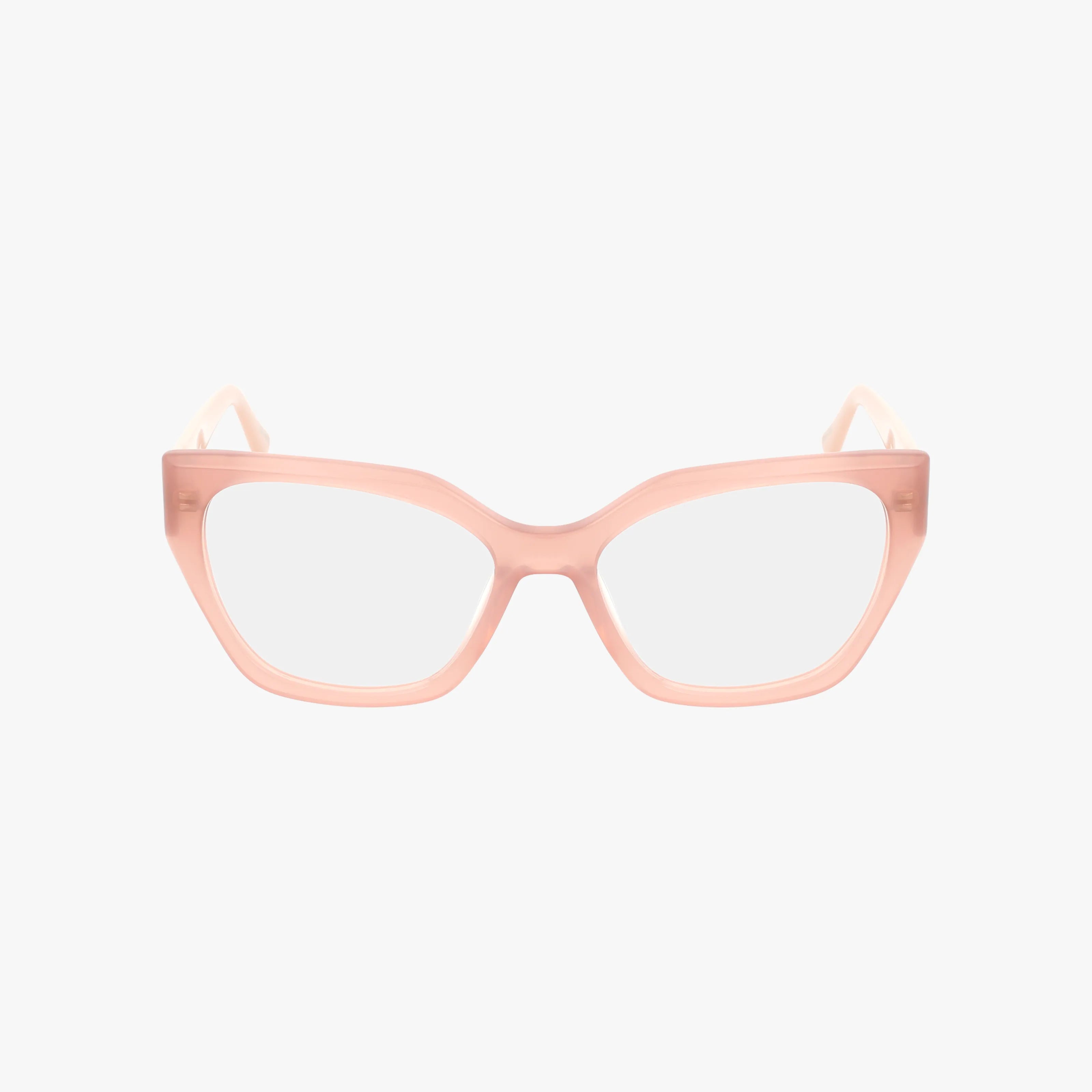 GU50112 eyeglass frames feature pink translucent acetate in a wide, slightly angular cat-eye shape, showcasing quality craftsmanship on a white background.