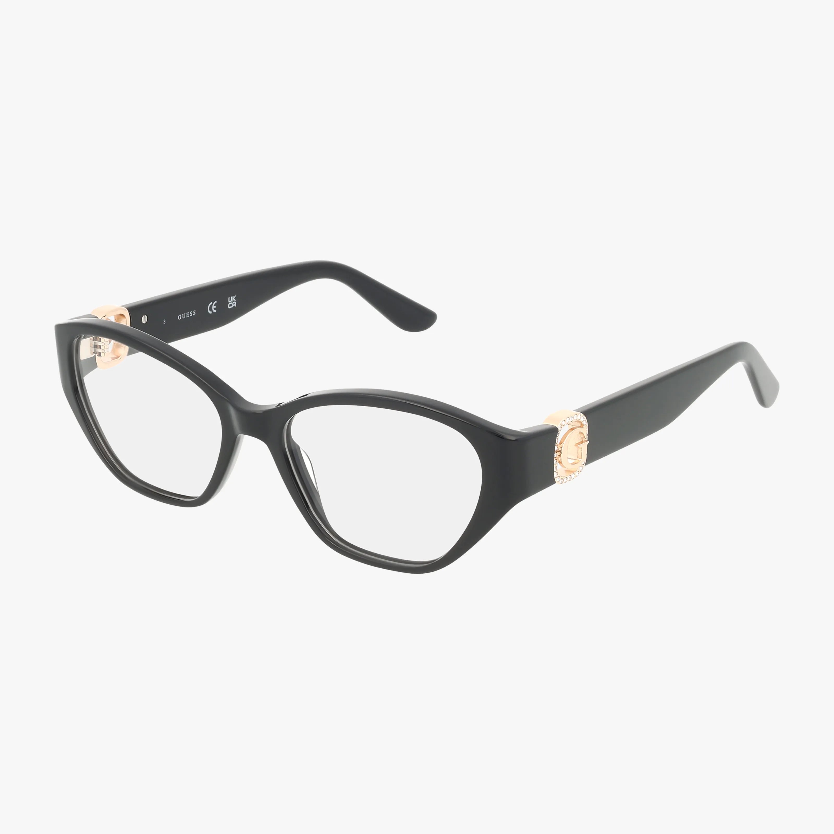 GU50119: Black rectangular eyeglasses with clear lenses, gold accents near the hinges, and a vibrant, slightly angled frame design, shown on a white background.
