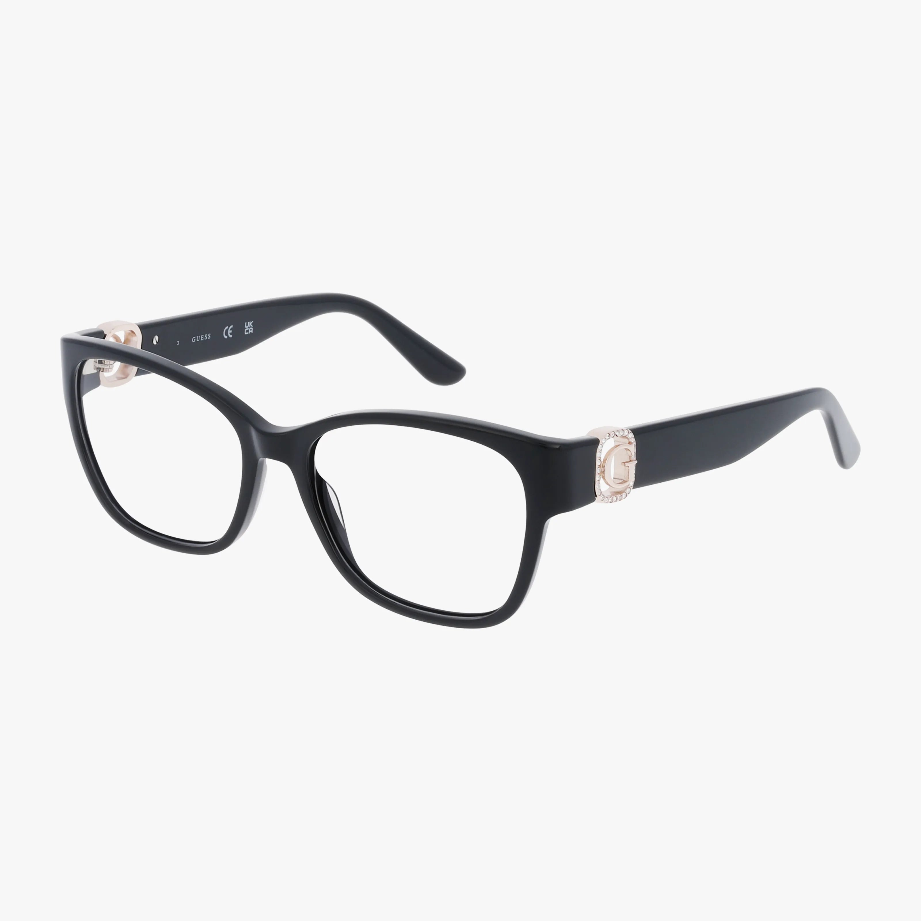 The GU50120 features black rectangular eyeglasses with a stylish frame, thick temples, and gold G logo accents, highlighting quality eyewear against a white background.