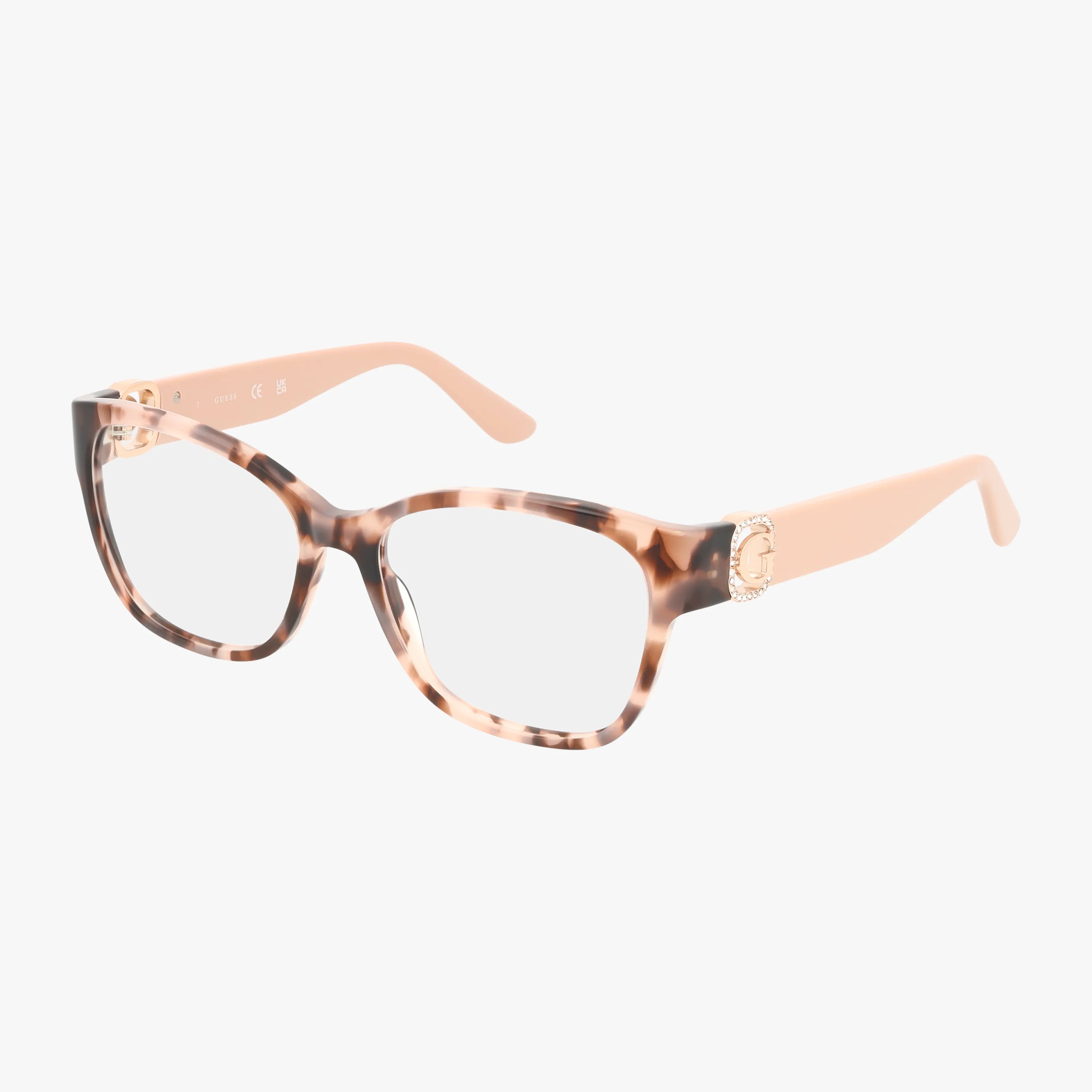 The GU50120 features tortoiseshell rectangular frames, stylish light peach arms, and a gold accent at the hinges for an elegant touch.