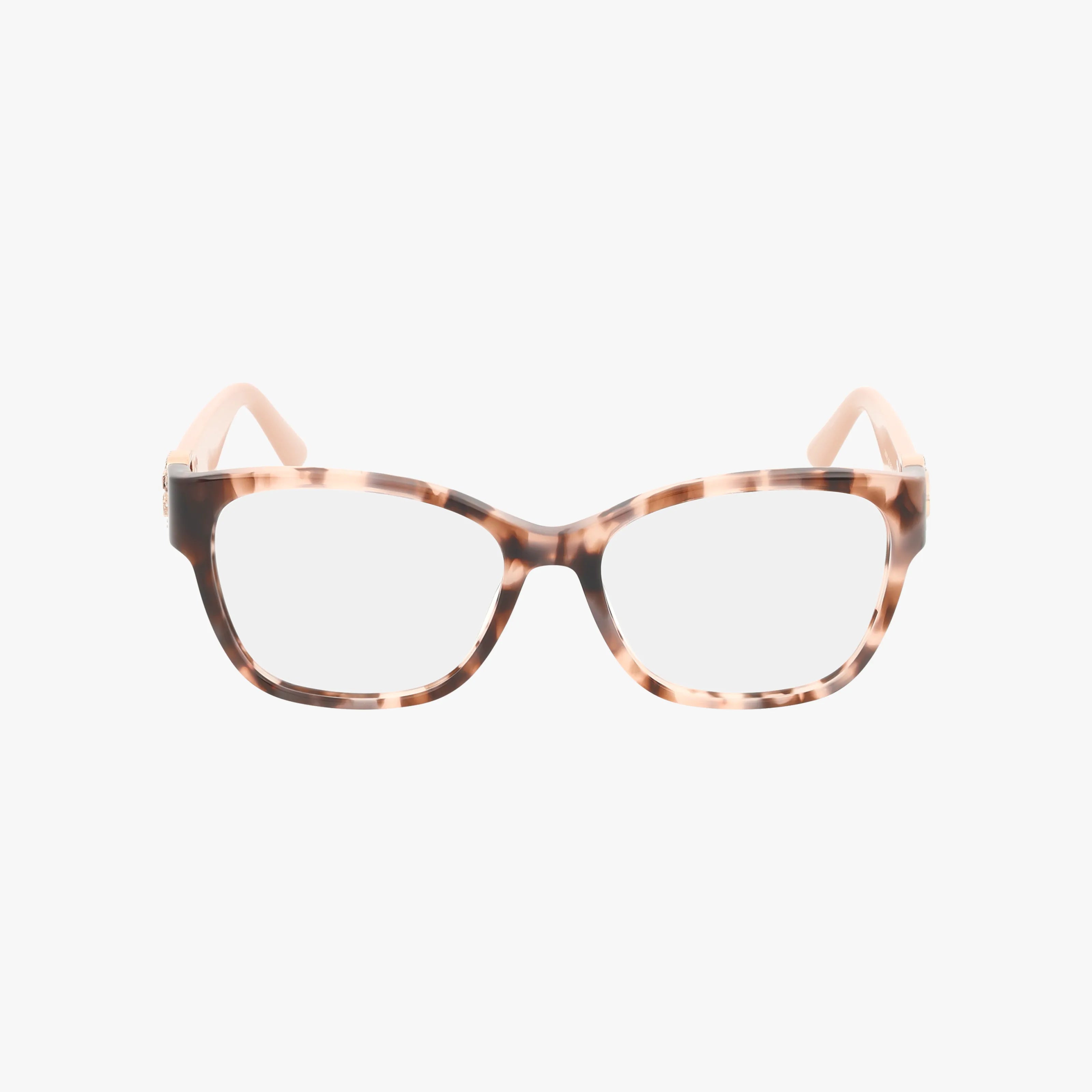The GU50120 eyeglasses feature a stylish rectangular tortoiseshell-patterned frame with light beige inner arms, shown on a white background—ideal for anyone seeking quality eyewear.