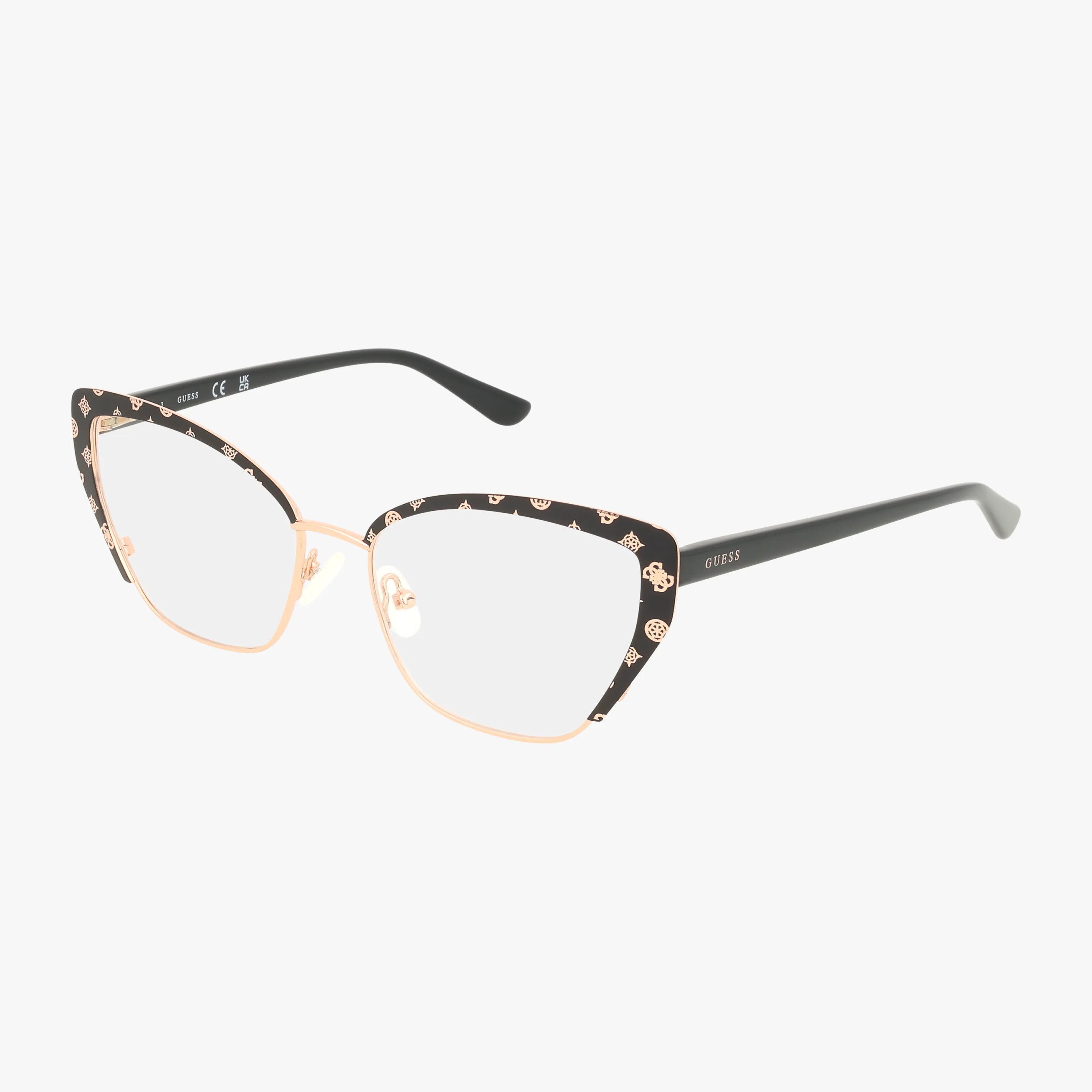 The GU50122/V cat-eye eyeglasses feature a modern gold metal frame with black accents, small gold logo patterns on the upper rims and temples, clear lenses, and sleek black plastic arms.
