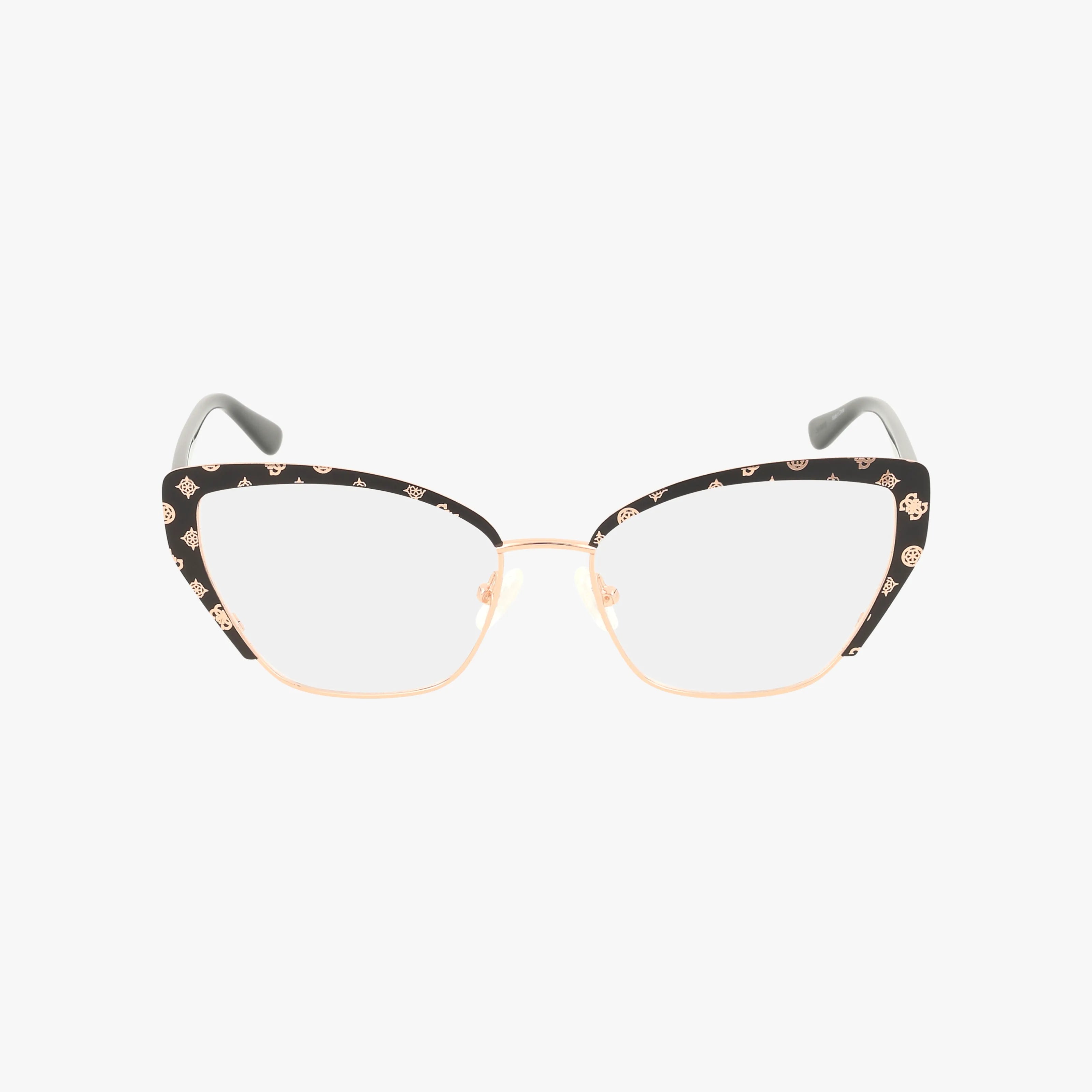 GU50122/V cat-eye eyeglasses in black and gold feature a contemporary frame with small gold symbols, clear lenses, and gold arms, shown against a plain white background.