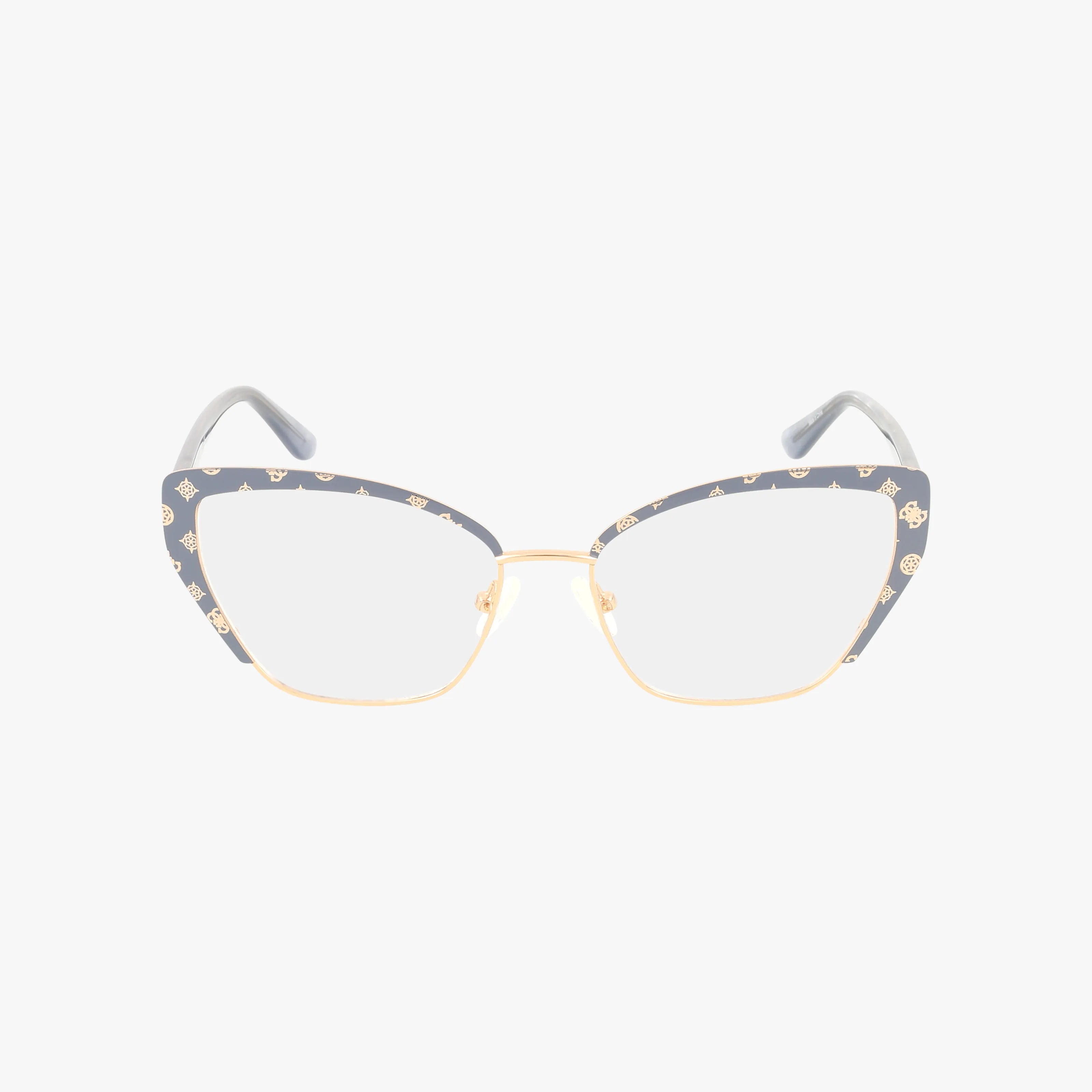 The GU50122/V cat-eye eyeglasses feature a modern gold metal frame with gray patterned upper rims, small gold logos, and gray temples with gold accents. Personalized lens options available. Shown on a plain white background.